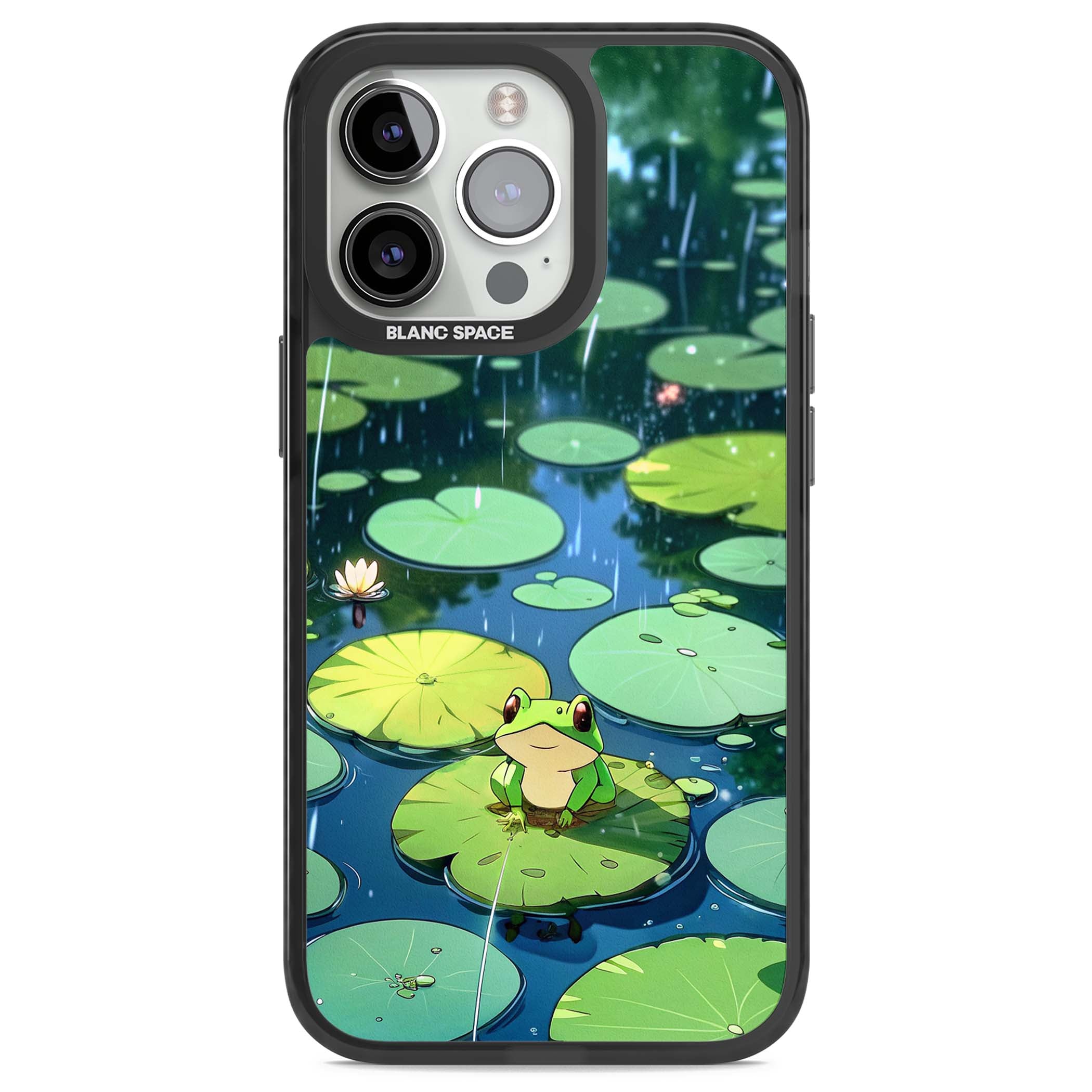 Frog In Lily Pond cottagecore iPhone case featuring a cute green frog on a lily pad with falling rain and a lotus flower | Black Impact case for iPhone 13 Pro, iPhone 14 Pro, iPhone 15 Pro