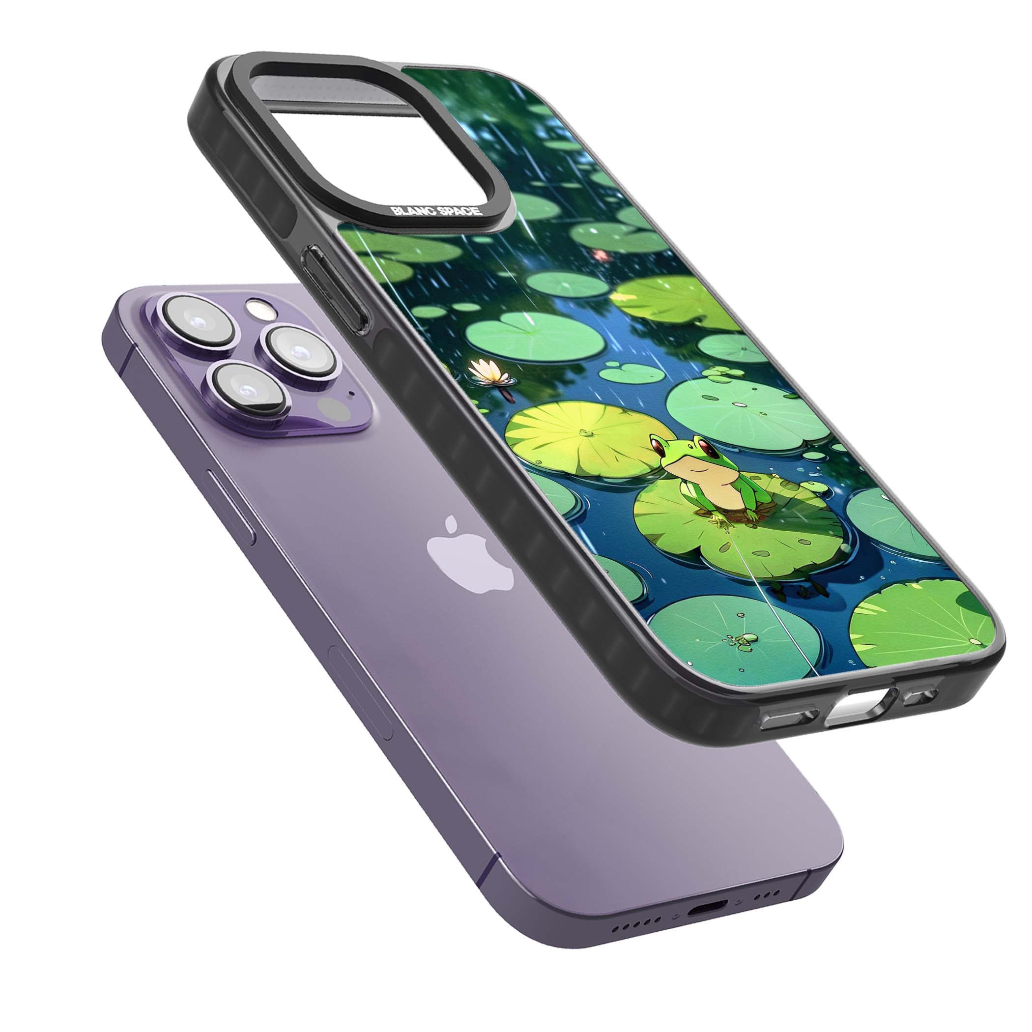 Frog In Lily Pond cottagecore iPhone case featuring a cute green frog on a lily pad with falling rain and a lotus flower | Black Impact case for iPhone 13 Pro, iPhone 14 Pro, iPhone 15 Pro