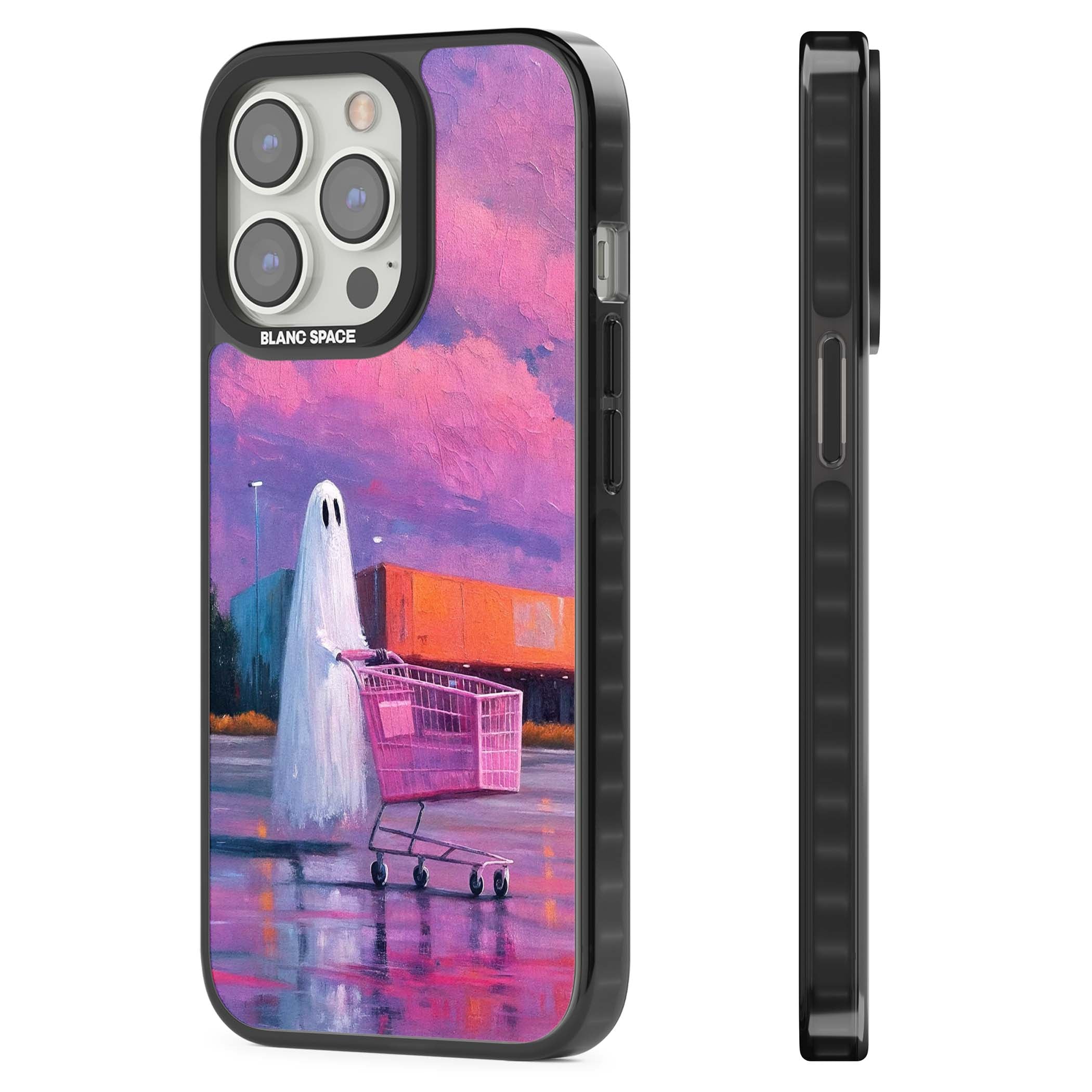 A Ghost's Errand ghost halloween iPhone case featuring a painted ghost, pink shopping trolley and purple sunset sky | Black Impact case for iPhone 13 Pro, iPhone 14 Pro, iPhone 15 Pro