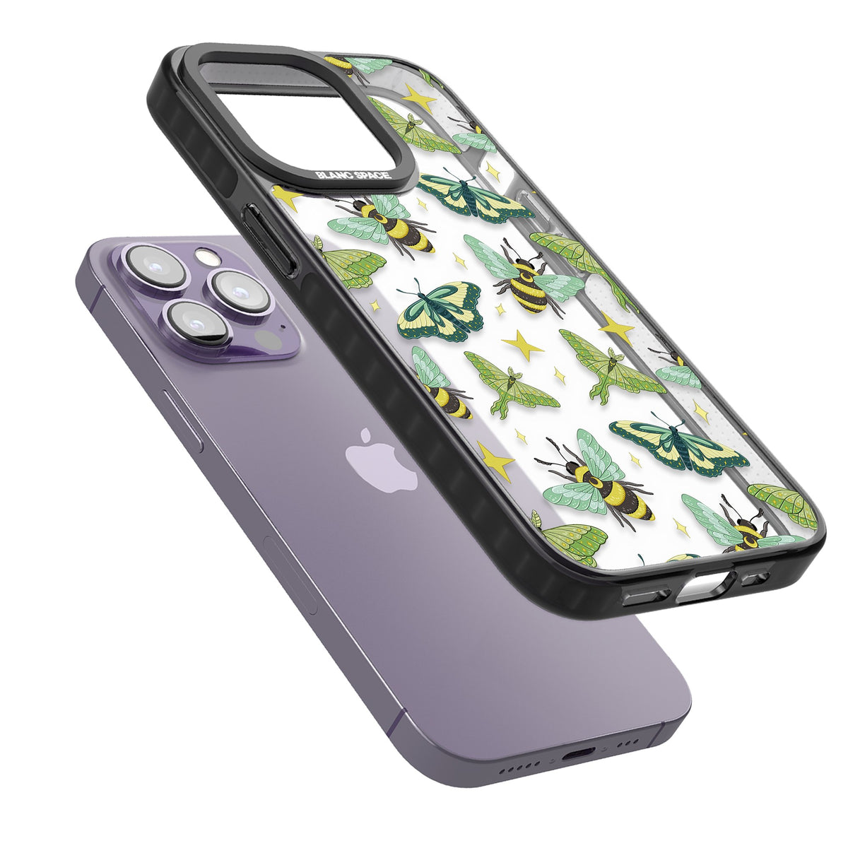 Bees and Moths iPhone 12 Pro Max / iPhone 13 Pro / iPhone 13 Pro Max / iPhone 14 Pro / iPhone 14 Pro Max / iPhone 15 Pro / iPhone 15 Pro Max Impact Black Phone Case angled