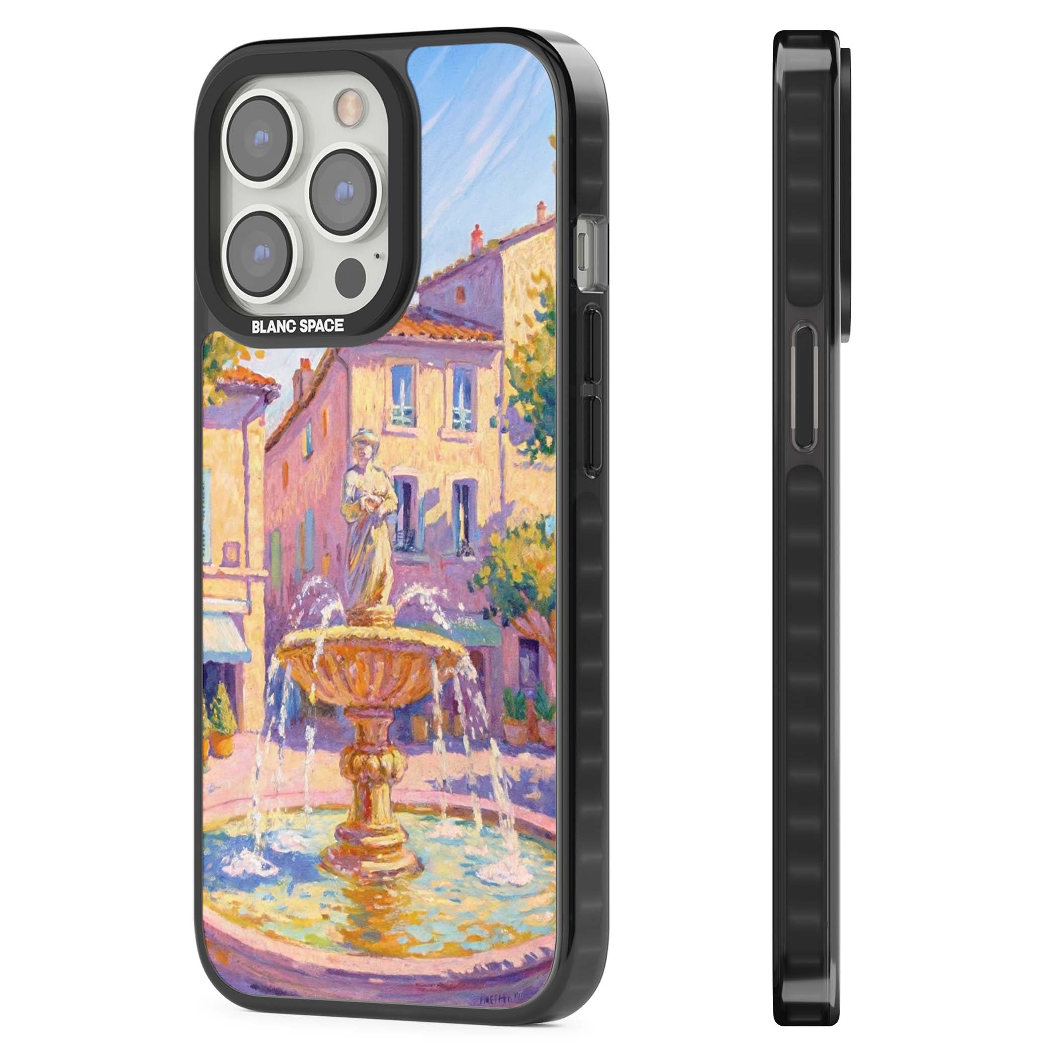 Fountain Square fine art iPhone case featuring an impressionist Provençal fountain, pastel village buildings and summe | Black Impact case for iPhone 13 Pro, iPhone 14 Pro, iPhone 15 Pro