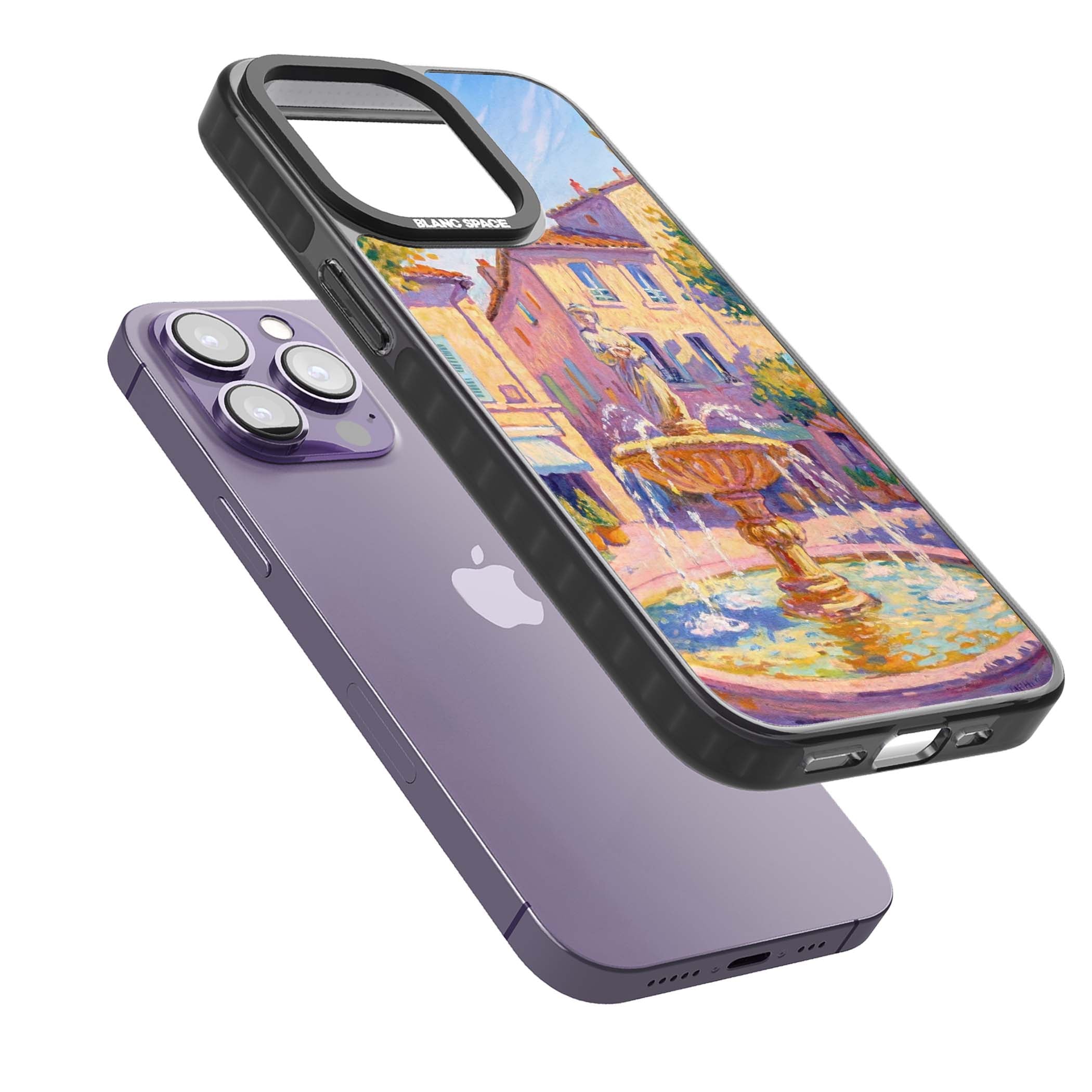 Fountain Square fine art iPhone case featuring an impressionist Provençal fountain, pastel village buildings and summe | Black Impact case for iPhone 13 Pro, iPhone 14 Pro, iPhone 15 Pro