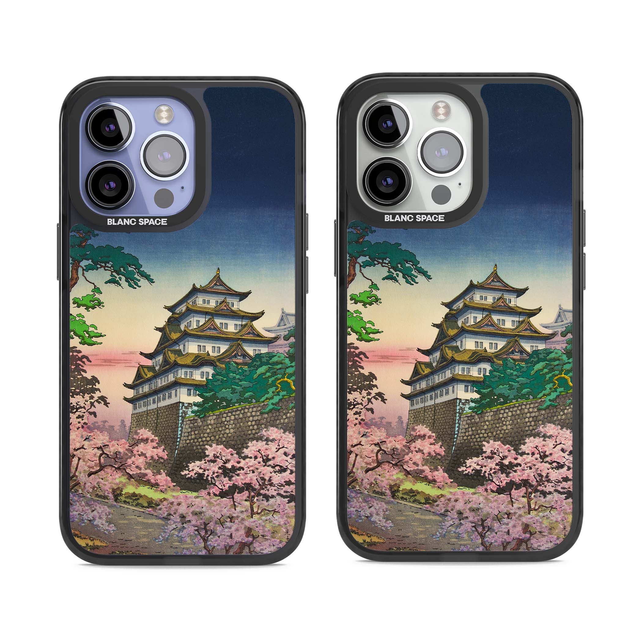 Nagoya Castle Japanese iPhone case featuring a vintage pagoda, twilight sky and cherry blossom trees | Black Impact case for iPhone 13 Pro, iPhone 14 Pro, iPhone 15 Pro