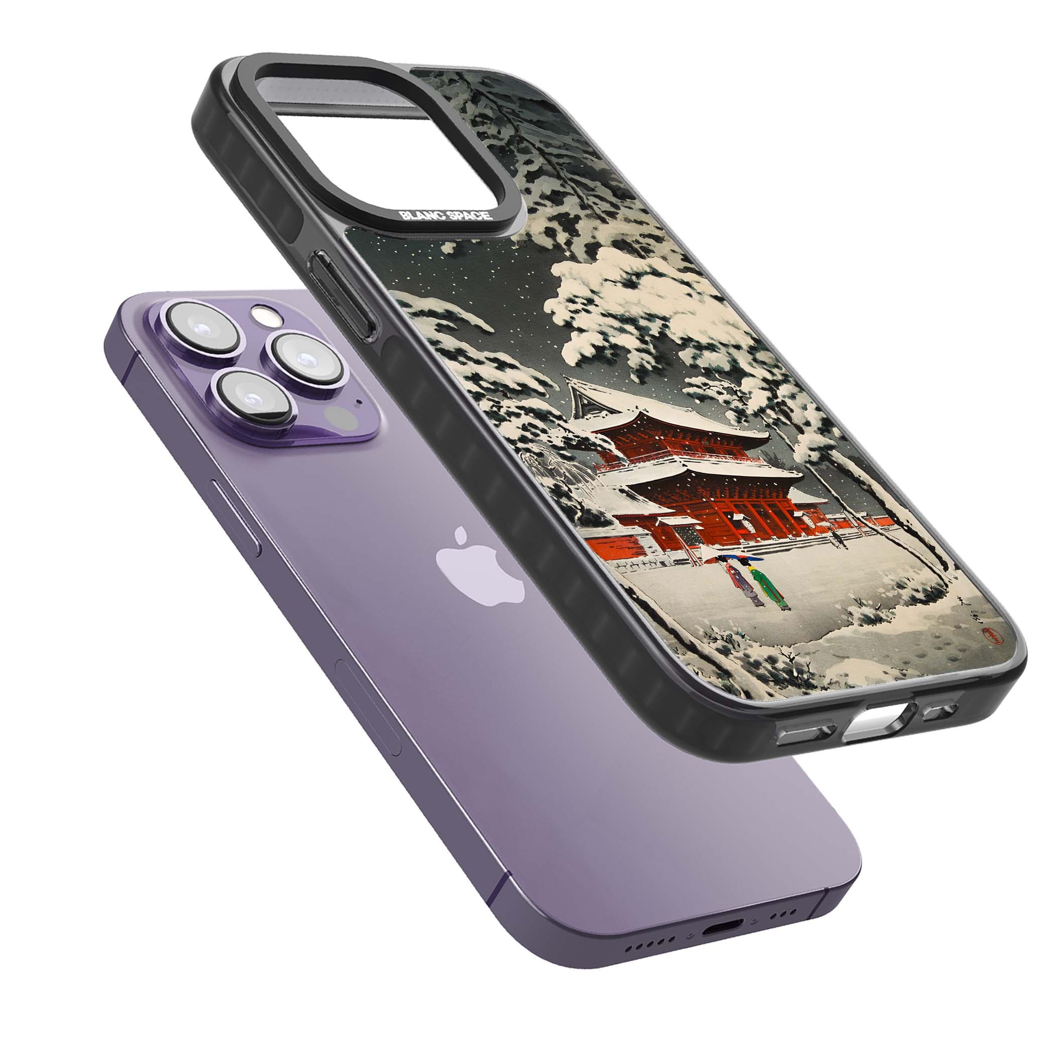 Snow at Shiha Park, Tokyo Japanese art iPhone case featuring a vintage ukiyo-e snowy temple, red pagoda, and snow-covered pin | Black Impact case for iPhone 13 Pro, iPhone 14 Pro, iPhone 15 Pro