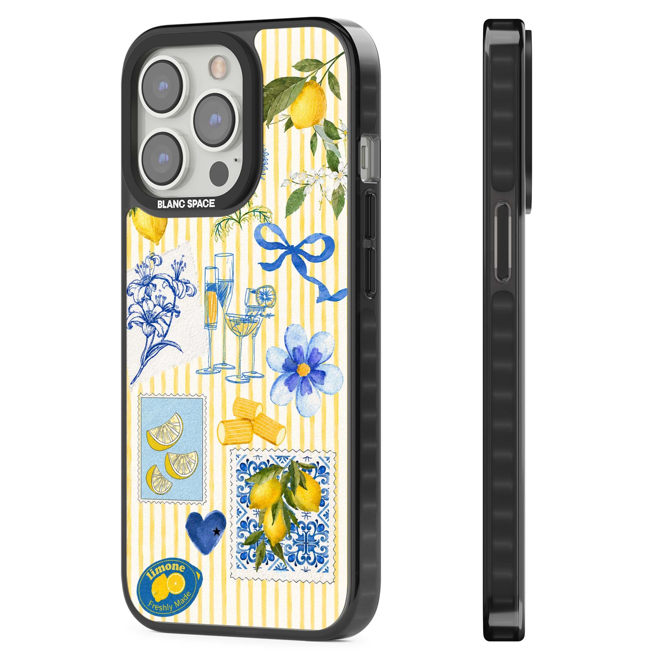 Limone Riviera Italian summer iPhone case featuring watercolour lemons, blue ribbon bows and majolica tile stamps on... | Black Impact case for iPhone 13 Pro, iPhone 14 Pro, iPhone 15 Pro