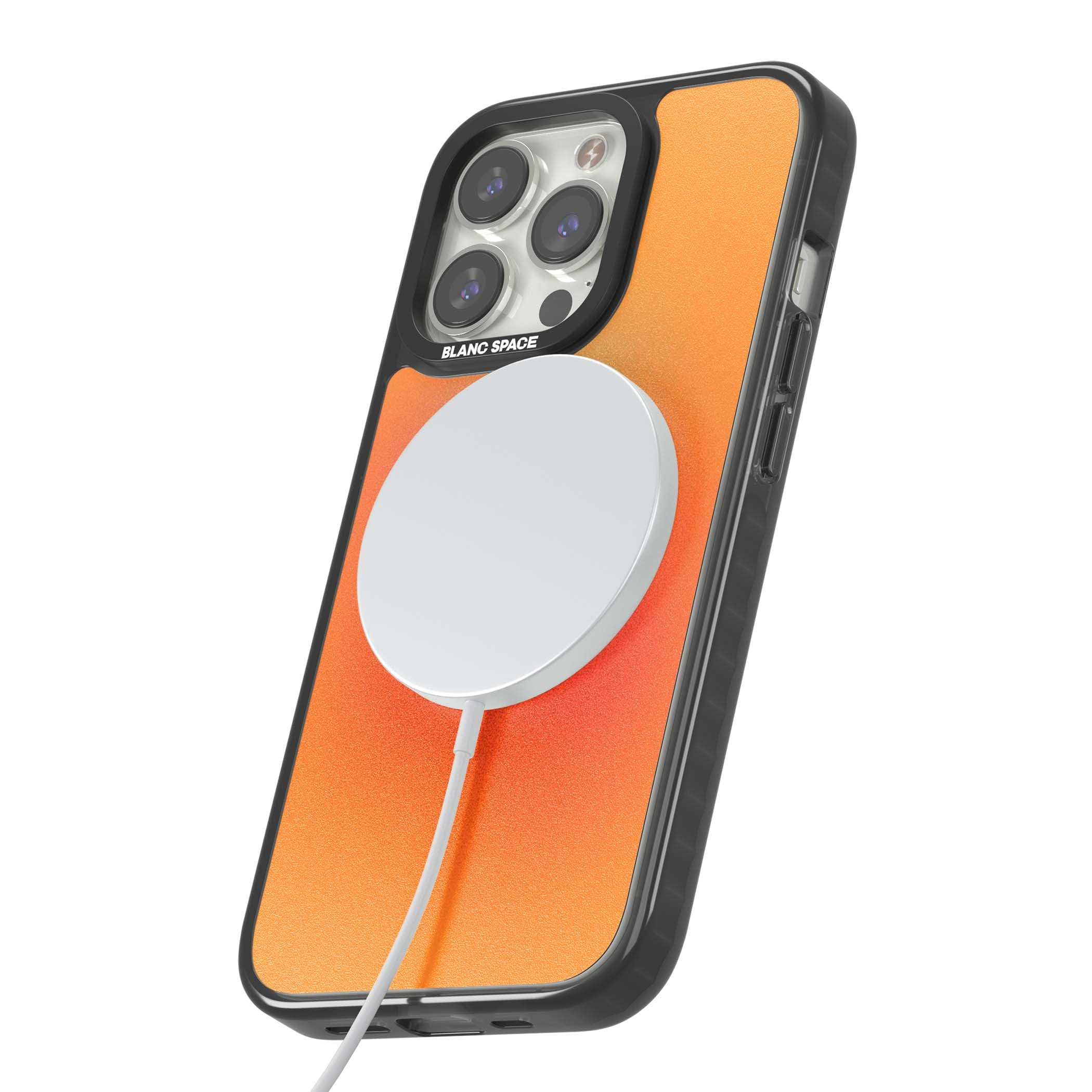 Good Energy quote iPhone case featuring an orange and pink aura gradient with white serif affirmation text | Black Impact Magsafe case for iPhone 13 Pro, iPhone 14 Pro, iPhone 15 Pro