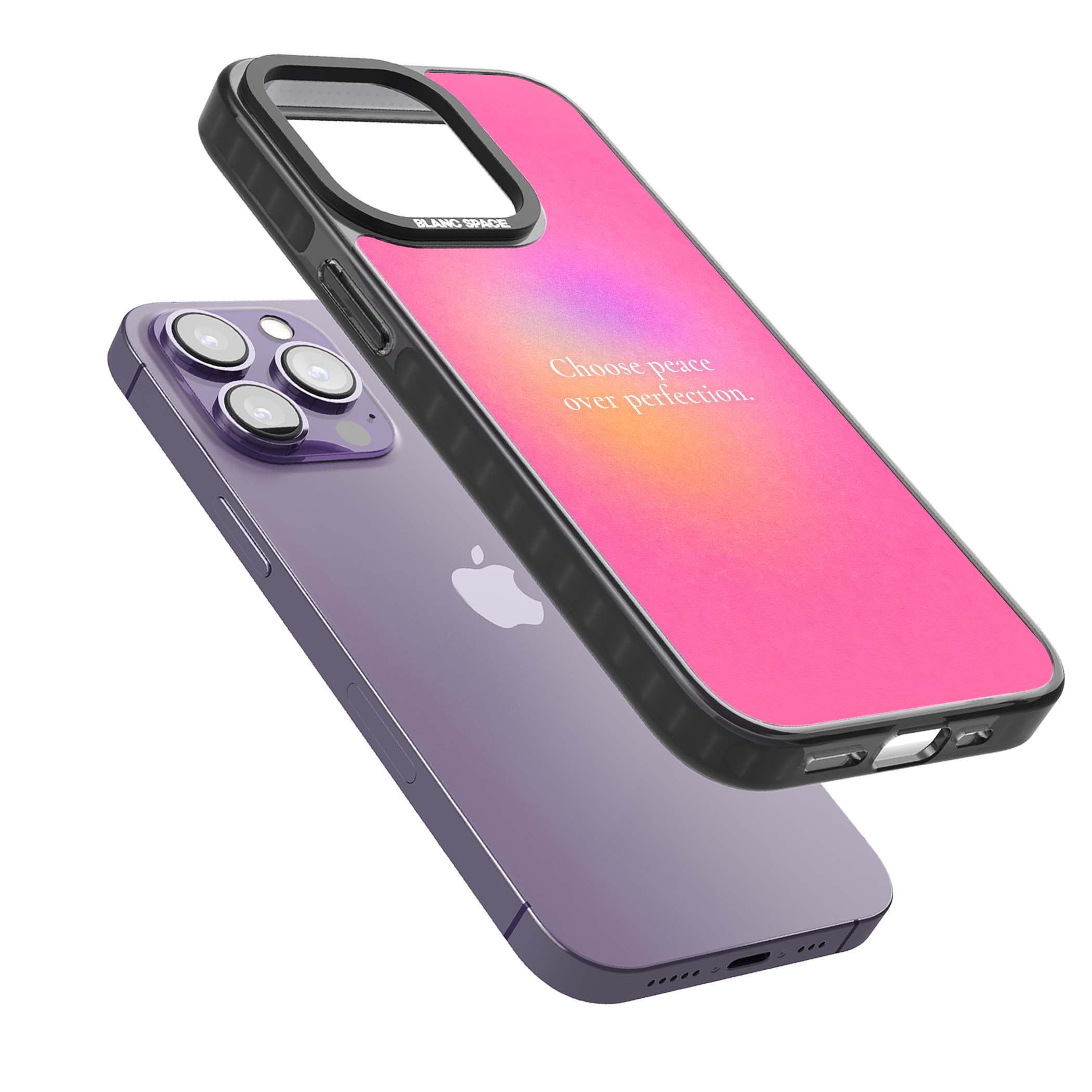 Peace Over Perfection quote iPhone case featuring a dreamy pink aura gradient and delicate white affirmation text | Black Impact Magsafe case for iPhone 13 Pro, iPhone 14 Pro, iPhone 15 Pro