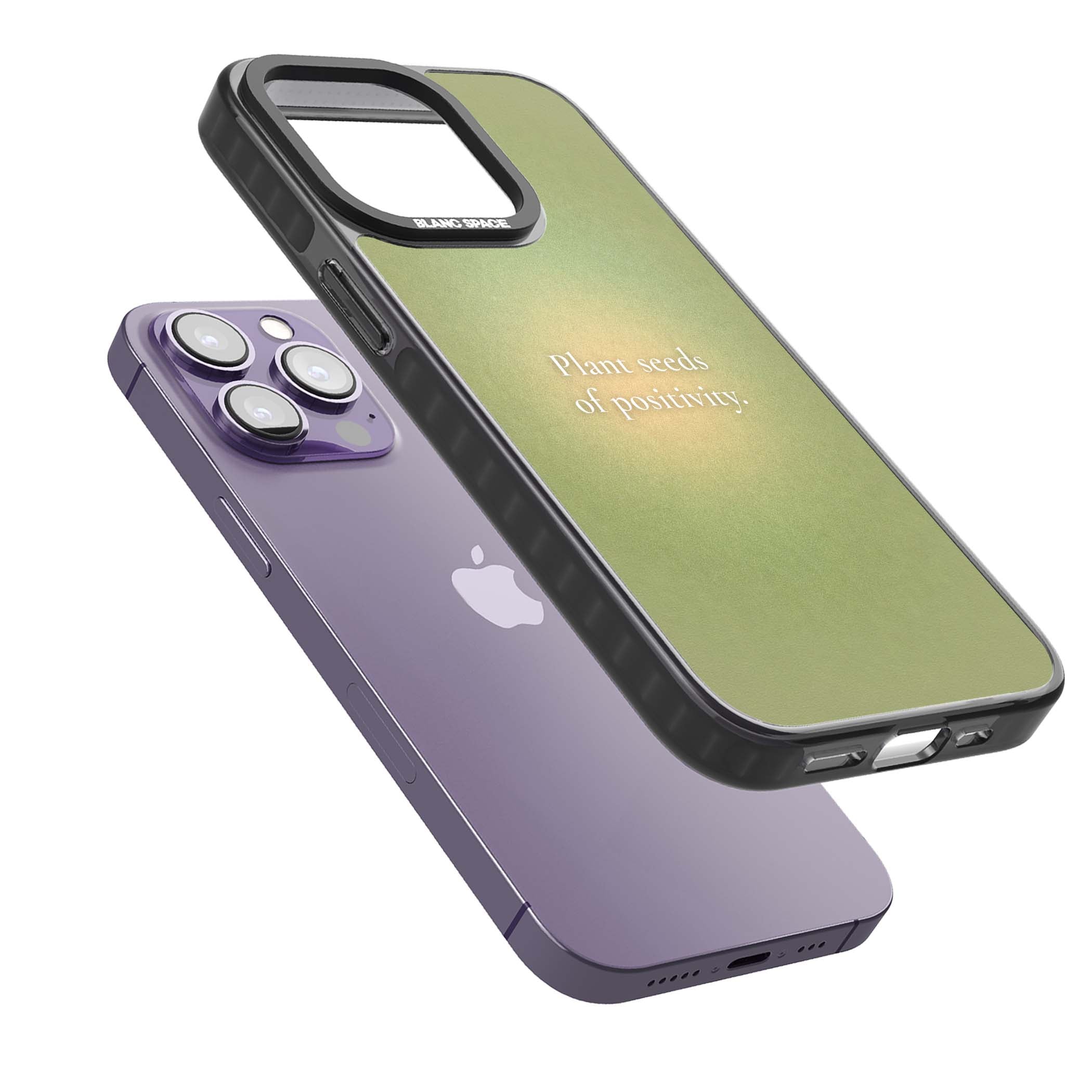 Seeds of Positivity quote iPhone case featuring a sage green aura gradient and golden glow affirmation | Black Impact Magsafe case for iPhone 13 Pro, iPhone 14 Pro, iPhone 15 Pro