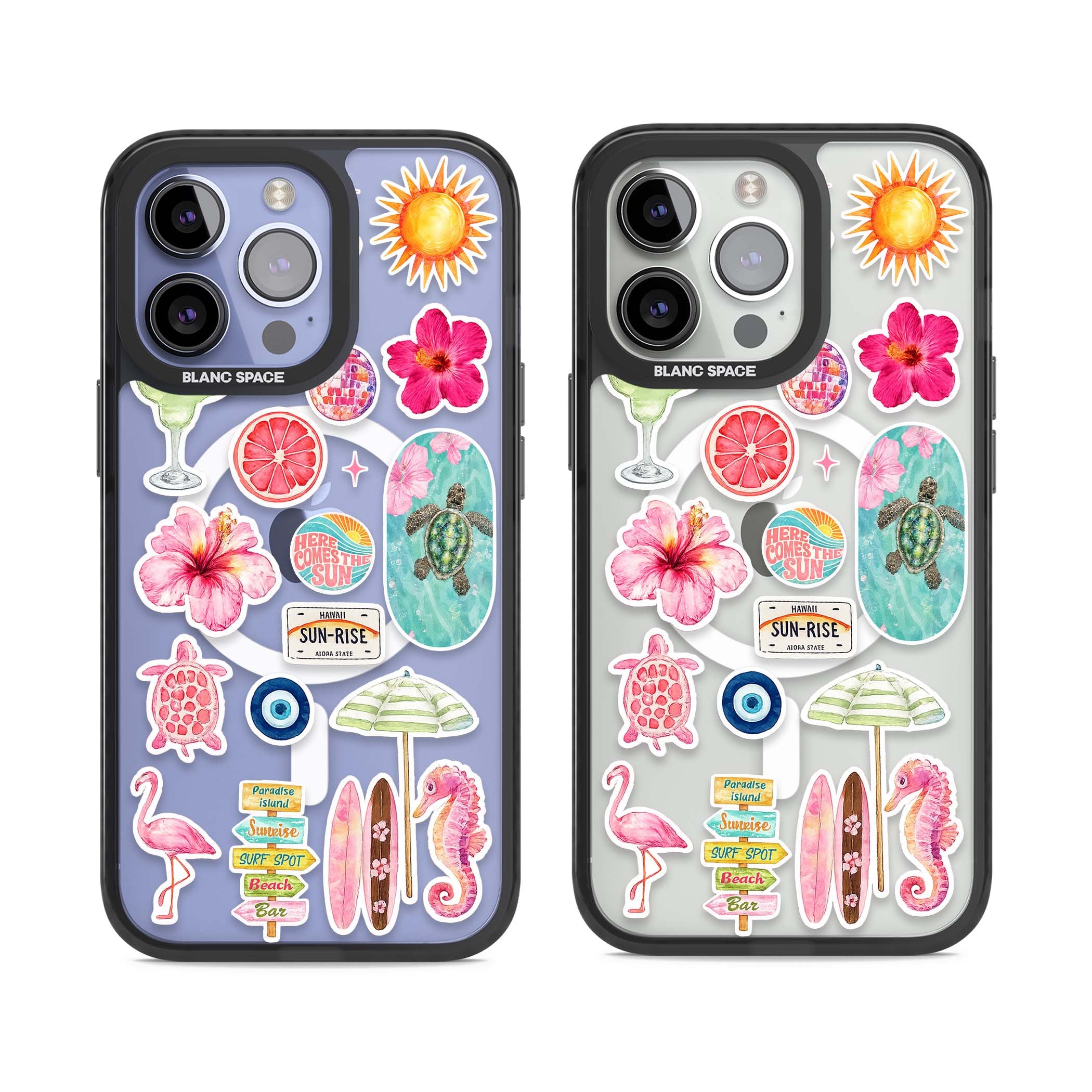 Aloha Sticker Mix tropical summer iPhone case featuring pink hibiscus, sea turtles, flamingo and beach umbrella stickers | Black Impact Magsafe case for iPhone 13 Pro, iPhone 14 Pro, iPhone 15 Pro
