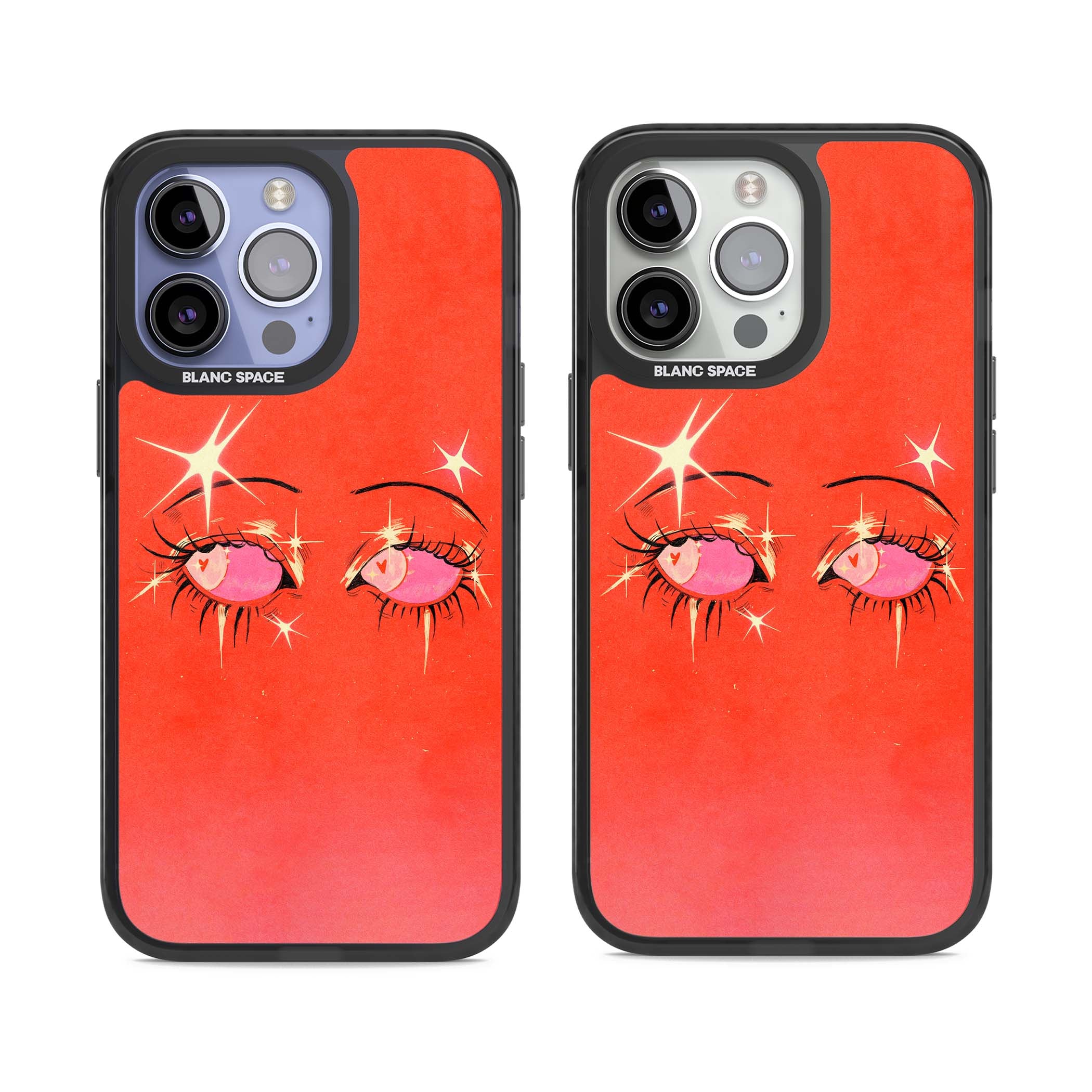 Pink Ethereal Eyes anime iPhone case featuring hand-drawn sparkly eyes with pink hearts and gold stars on red | Black Impact Magsafe case for iPhone 13 Pro, iPhone 14 Pro, iPhone 15 Pro