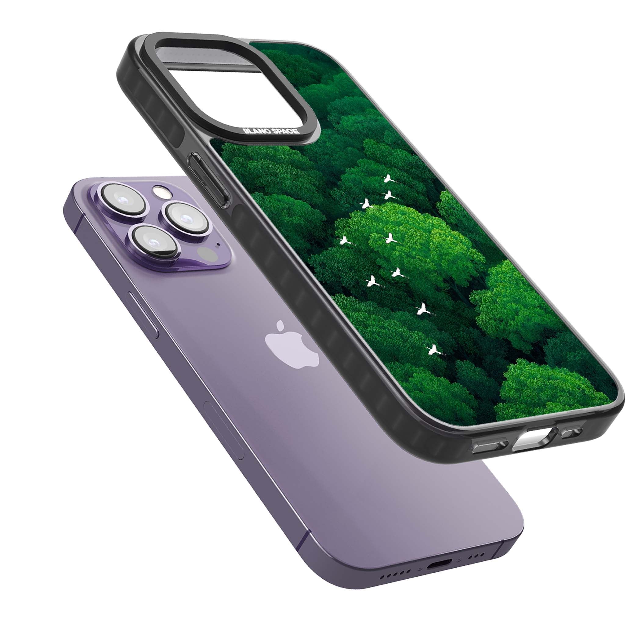 Grove Migration forest iPhone case featuring white cranes flying over lush green treetop canopy | Black Impact Magsafe case for iPhone 13 Pro, iPhone 14 Pro, iPhone 15 Pro