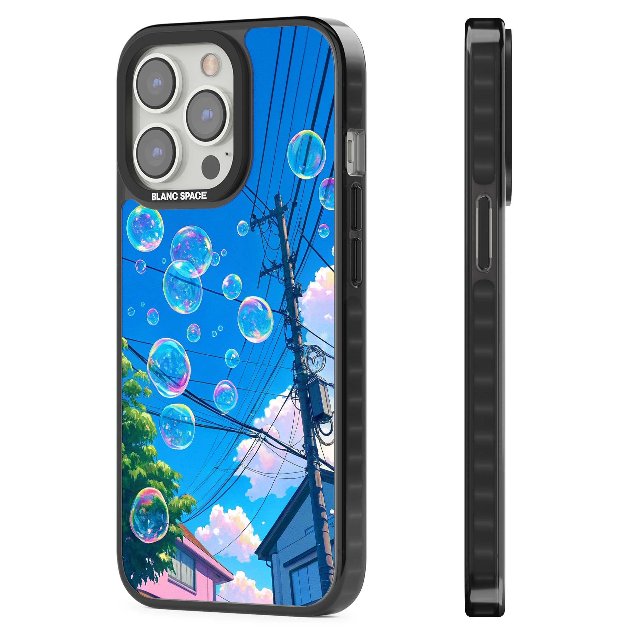 Suburban Bubbles anime iPhone case featuring iridescent soap bubbles, blue sky and Japanese telephone wires | Black Impact Magsafe case for iPhone 13 Pro, iPhone 14 Pro, iPhone 15 Pro