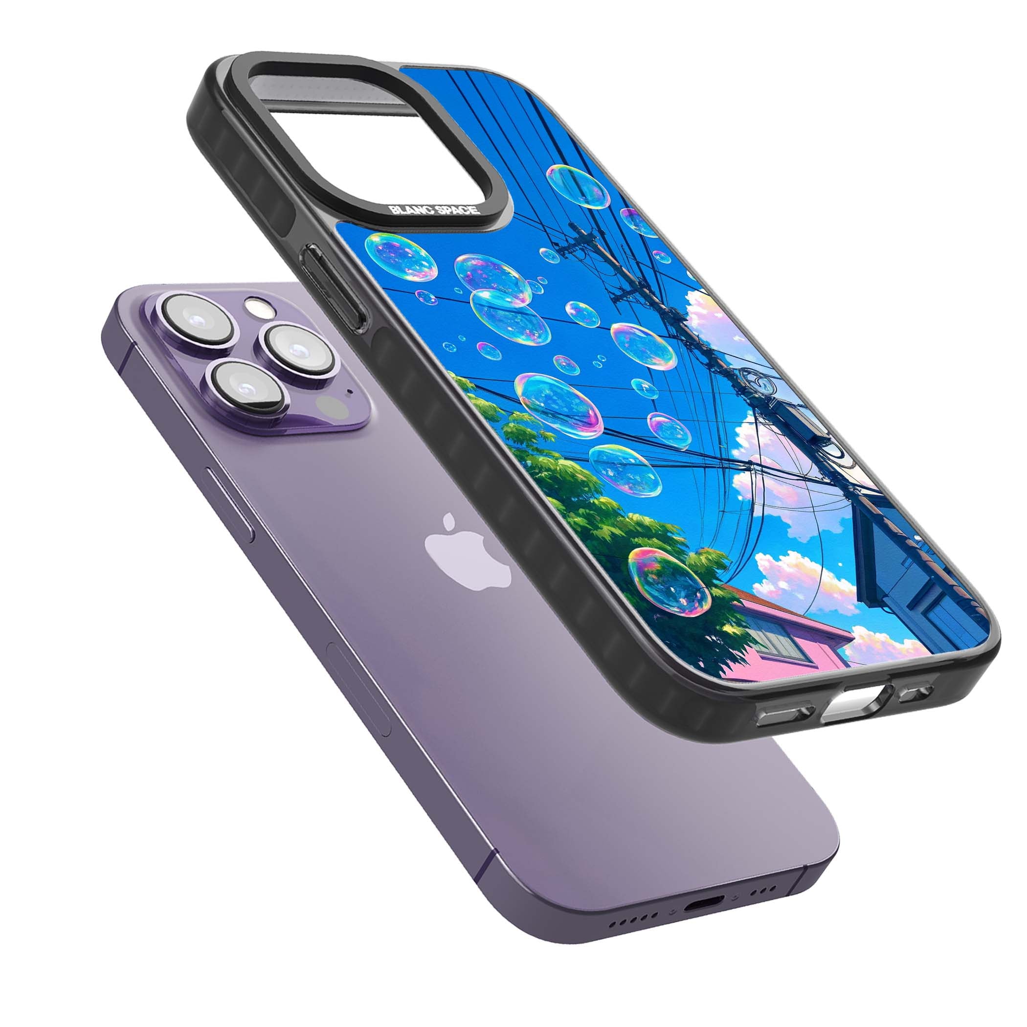 Suburban Bubbles anime iPhone case featuring iridescent soap bubbles, blue sky and Japanese telephone wires | Black Impact Magsafe case for iPhone 13 Pro, iPhone 14 Pro, iPhone 15 Pro