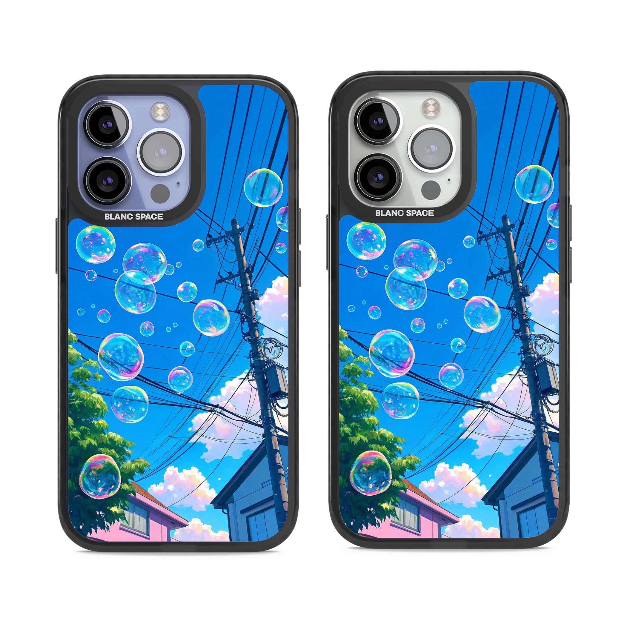 Suburban Bubbles anime iPhone case featuring iridescent soap bubbles, blue sky and Japanese telephone wires | Black Impact Magsafe case for iPhone 13 Pro, iPhone 14 Pro, iPhone 15 Pro