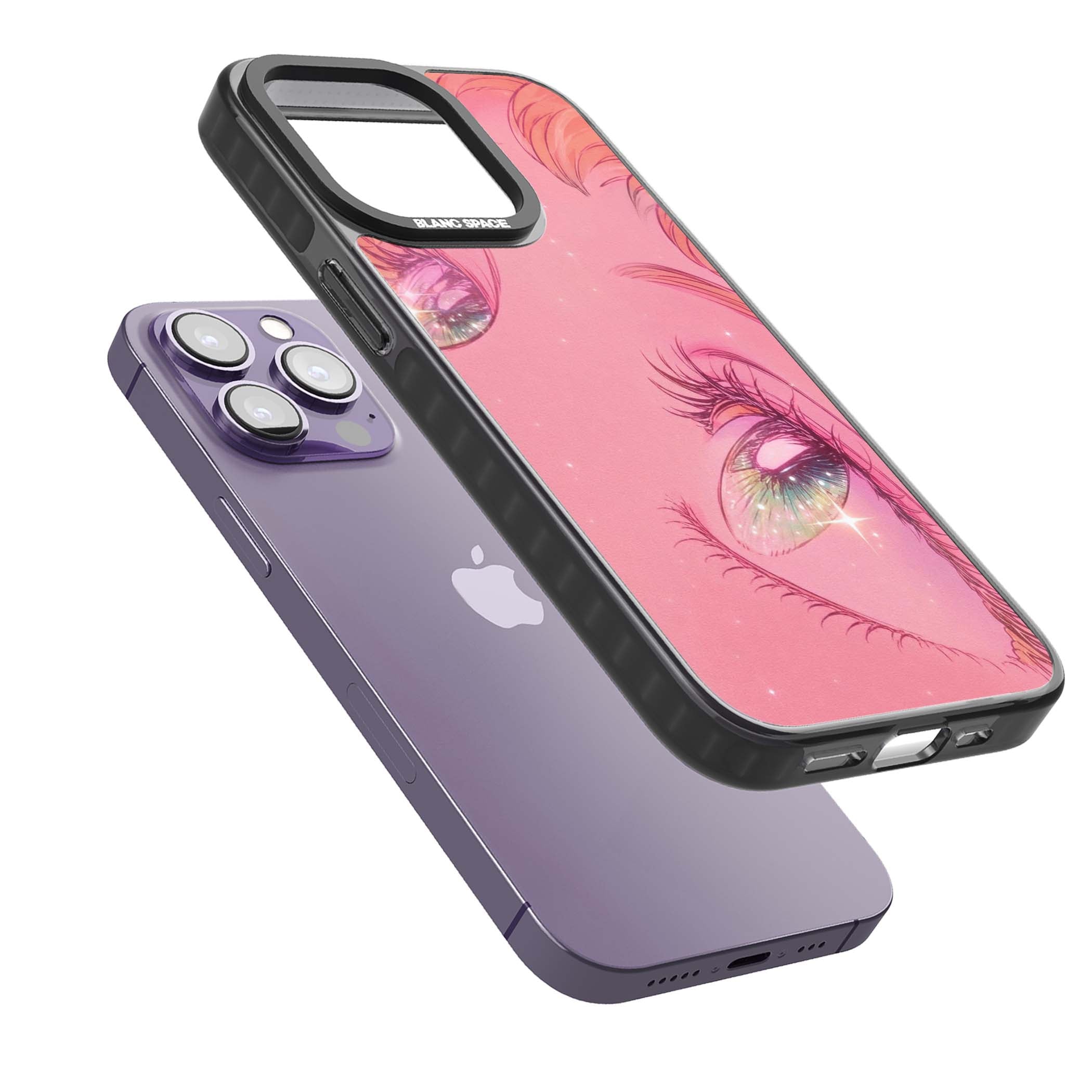 Pink Ethereal Gaze anime iPhone case featuring sparkling manga eyes, coral lashes and dreamy peach sky | Black Impact Magsafe case for iPhone 13 Pro, iPhone 14 Pro, iPhone 15 Pro