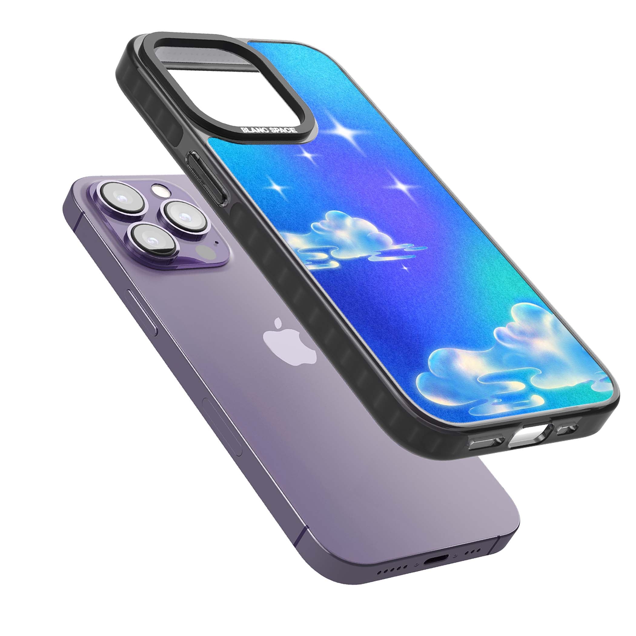 Aurora celestial iPhone case featuring dreamy iridescent clouds, sparkling stars and pastel blue purple sky | Black Impact Magsafe case for iPhone 13 Pro, iPhone 14 Pro, iPhone 15 Pro
