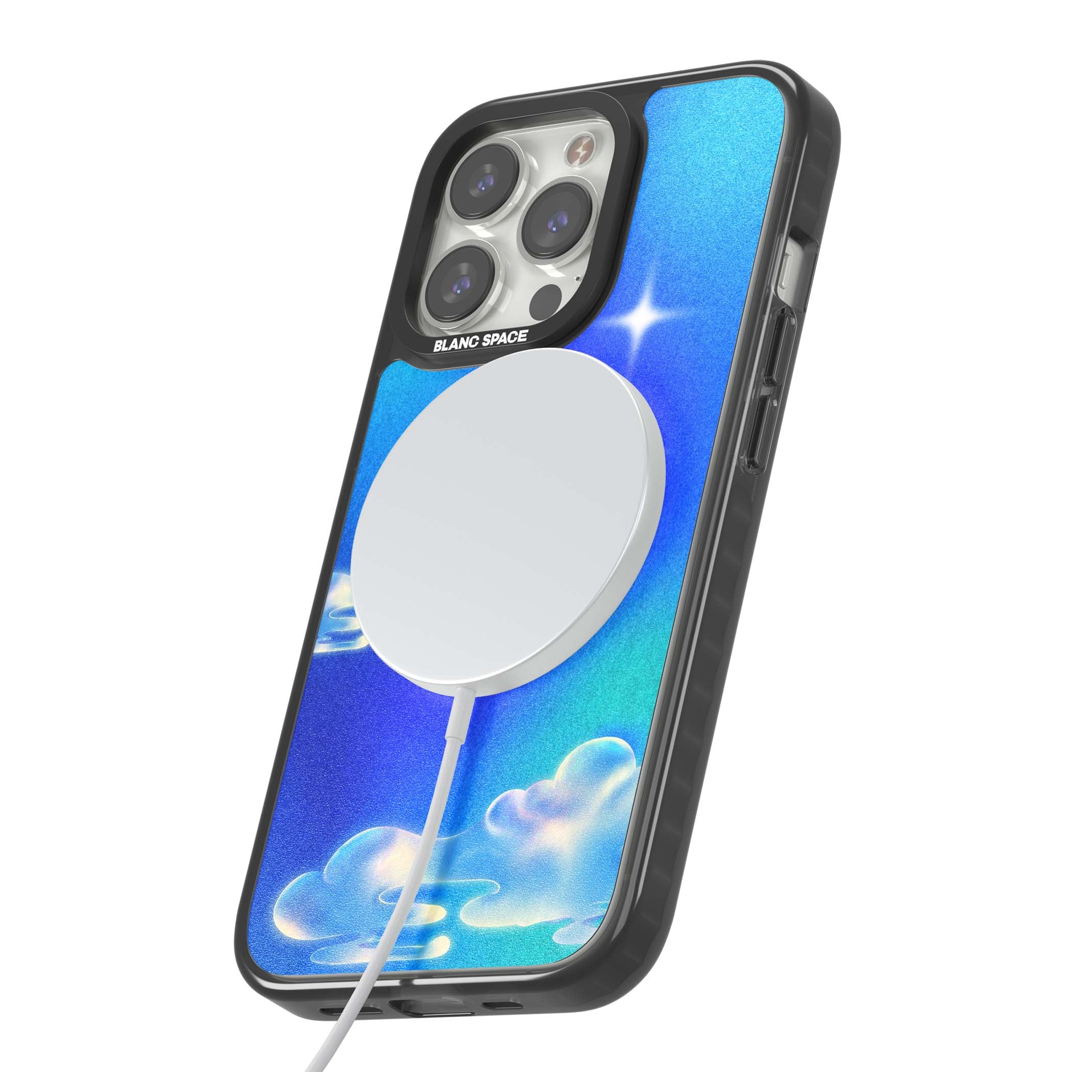 Aurora celestial iPhone case featuring dreamy iridescent clouds, sparkling stars and pastel blue purple sky | Black Impact Magsafe case for iPhone 13 Pro, iPhone 14 Pro, iPhone 15 Pro