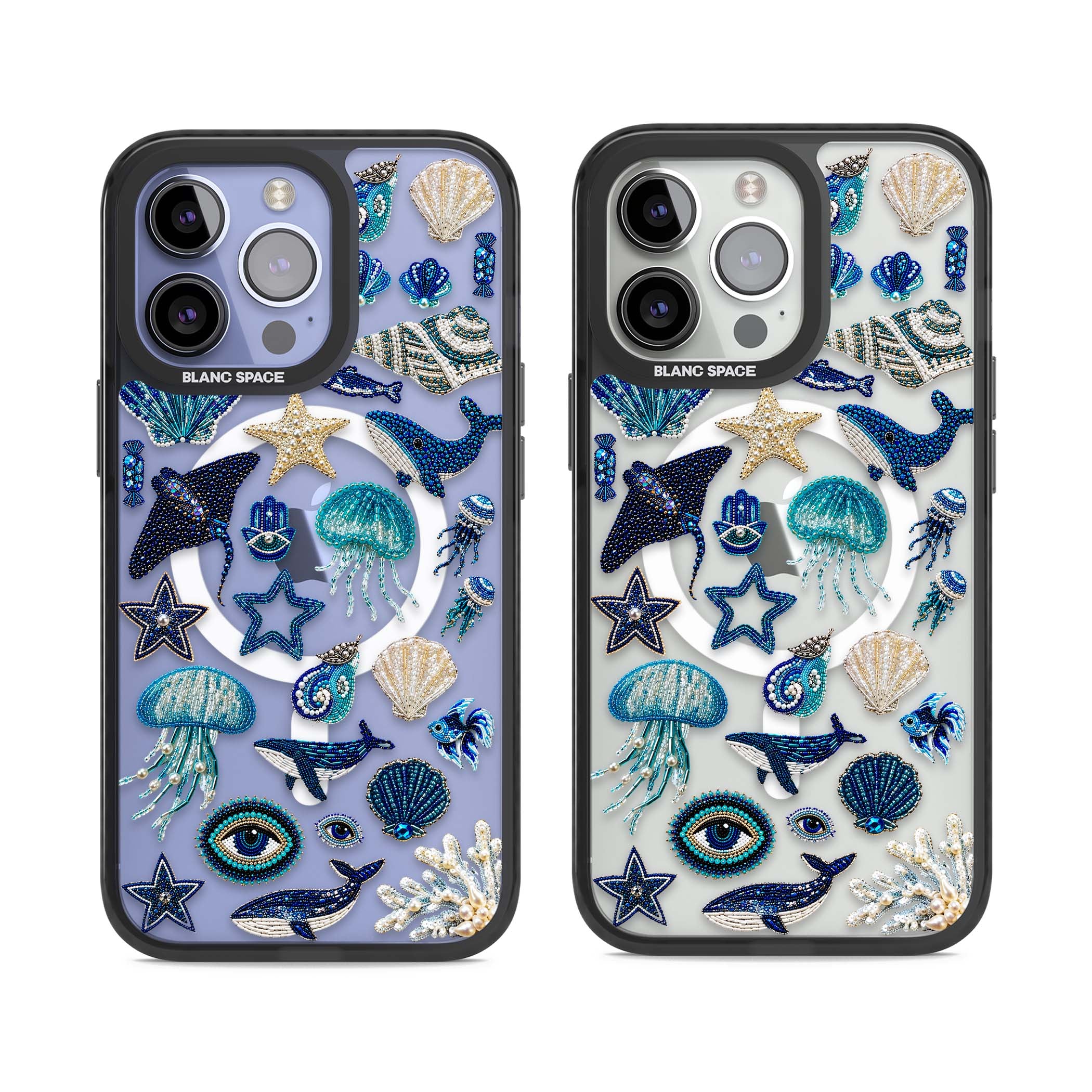 Beaded Coastal coastal iPhone case featuring embroidered seashells, jellyfish and a blue whale on clear | Black Impact Magsafe case for iPhone 13 Pro, iPhone 14 Pro, iPhone 15 Pro