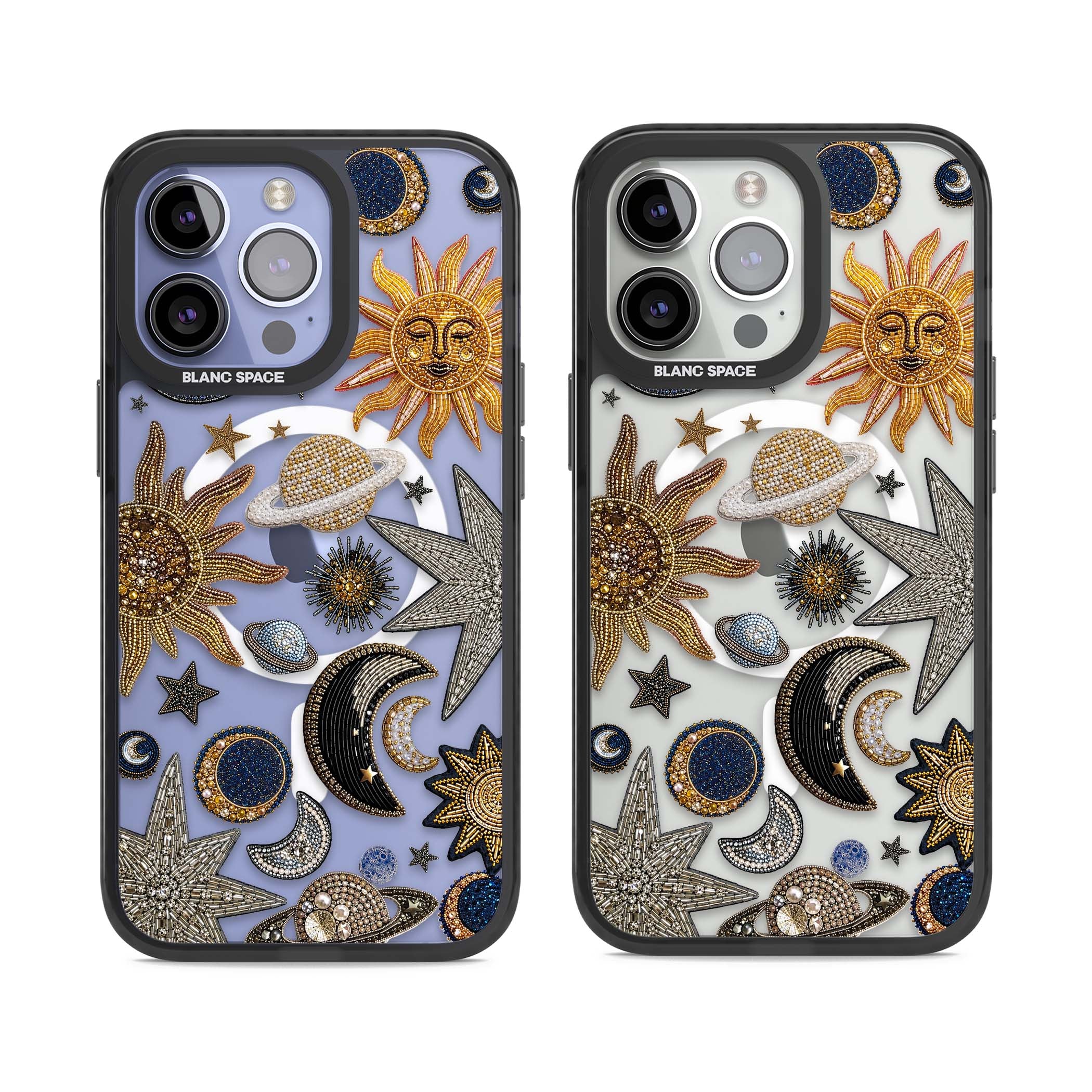 Beaded Cosmos celestial iPhone case featuring embroidered golden suns, beaded planets and silver shooting stars | Black Impact Magsafe case for iPhone 13 Pro, iPhone 14 Pro, iPhone 15 Pro