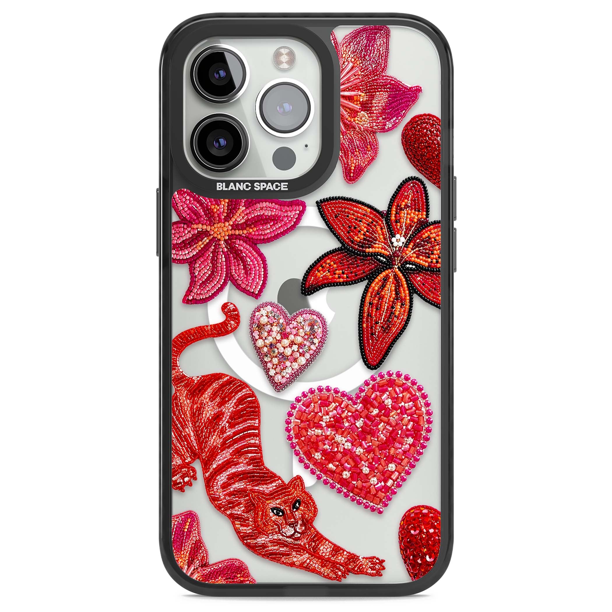 Beaded Boho floral iPhone case featuring beaded red lilies, a stitched tiger, and pearl-encrusted hearts on clear | Black Impact Magsafe case for iPhone 13 Pro, iPhone 14 Pro, iPhone 15 Pro