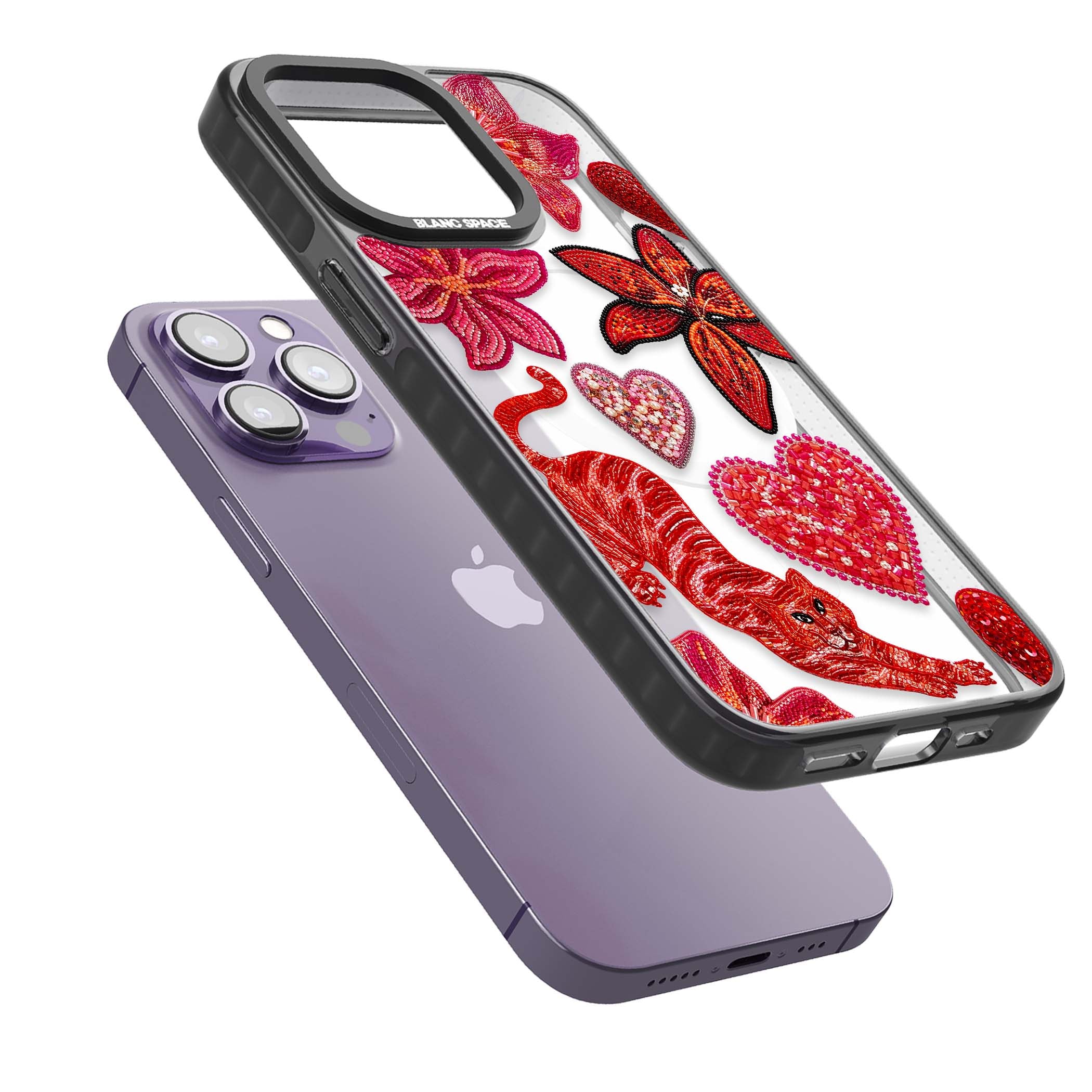 Beaded Boho floral iPhone case featuring beaded red lilies, a stitched tiger, and pearl-encrusted hearts on clear | Black Impact Magsafe case for iPhone 13 Pro, iPhone 14 Pro, iPhone 15 Pro