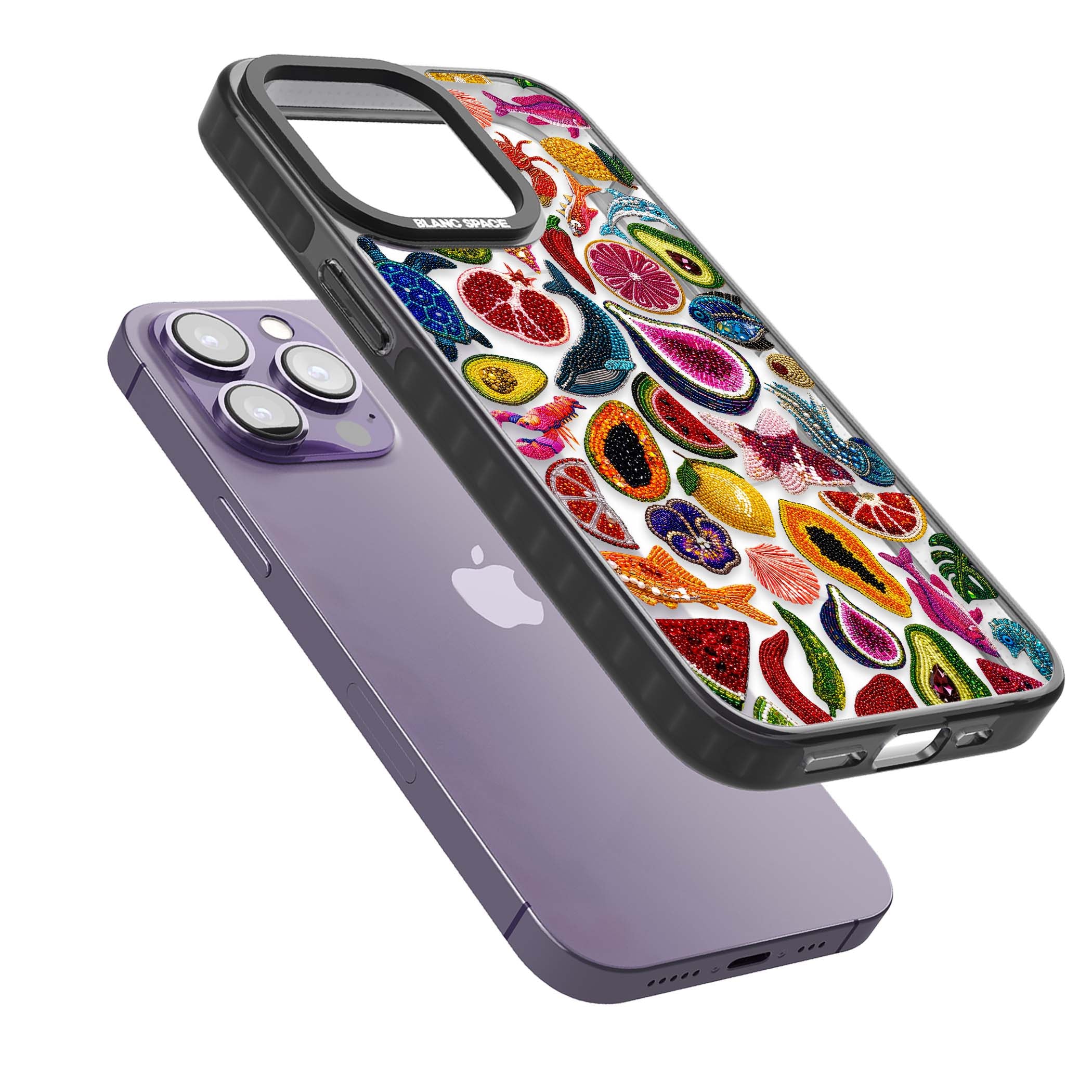 Beaded Tropic tropical iPhone case featuring beaded fruit, fish, crabs and seashells in vibrant colour | Black Impact Magsafe case for iPhone 13 Pro, iPhone 14 Pro, iPhone 15 Pro