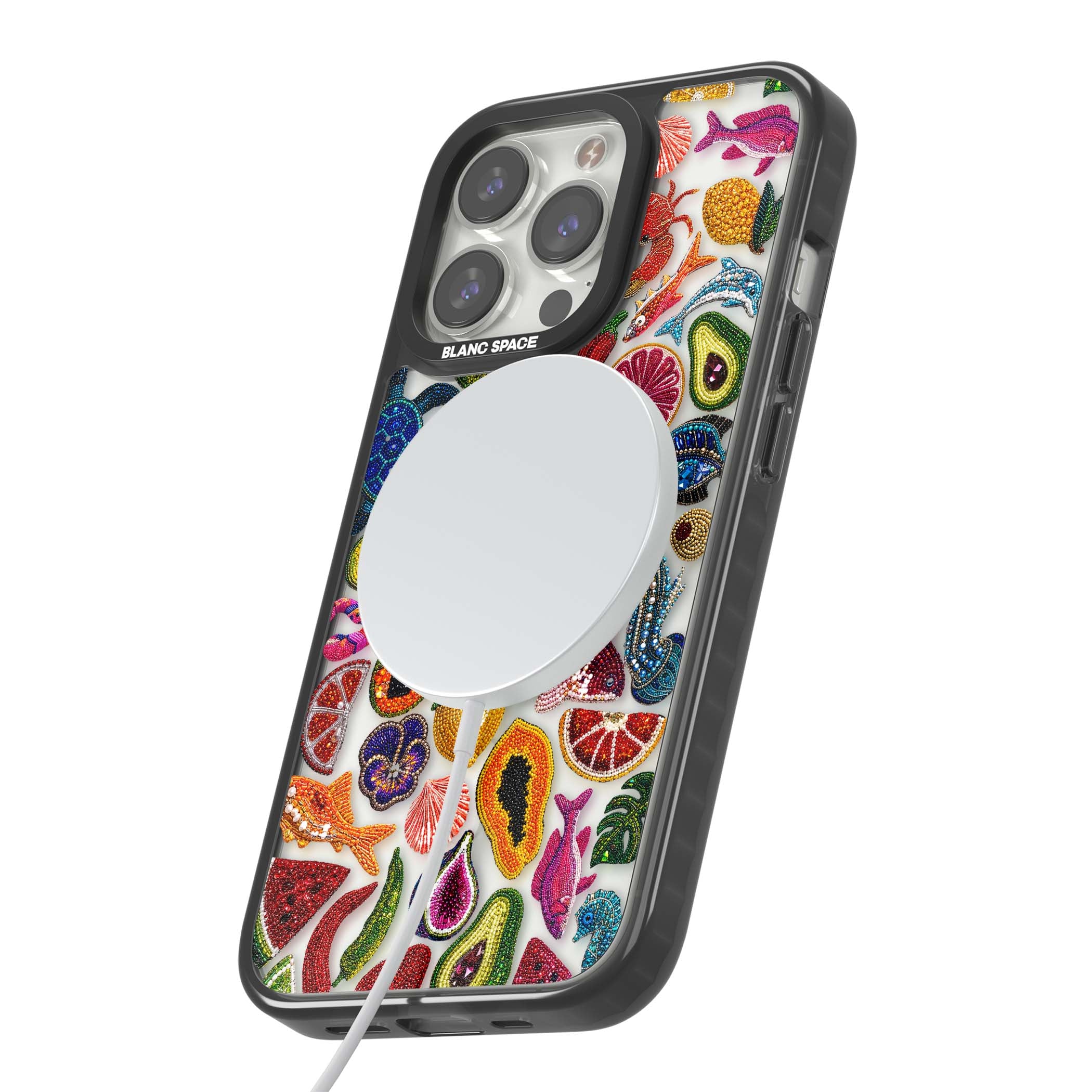 Beaded Tropic tropical iPhone case featuring beaded fruit, fish, crabs and seashells in vibrant colour | Black Impact Magsafe case for iPhone 13 Pro, iPhone 14 Pro, iPhone 15 Pro