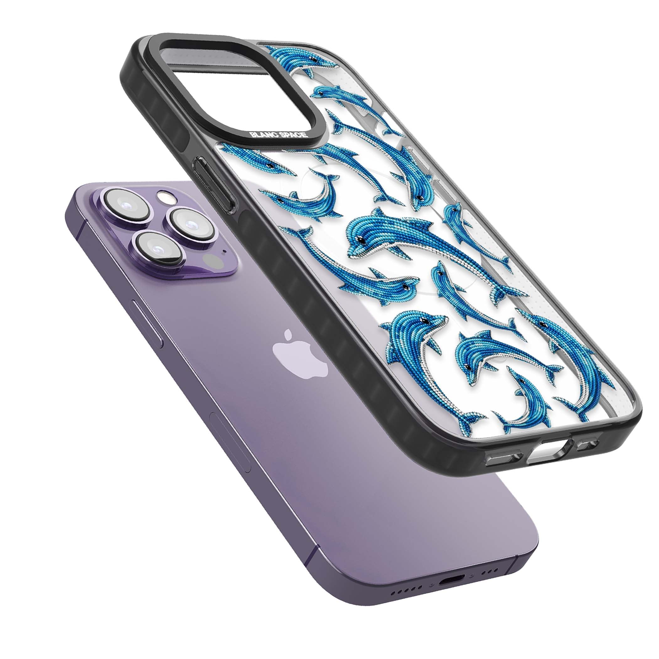 Beaded Dolphins coastal iPhone case featuring beaded dolphins in blue and white swimming across a clear background | Black Impact Magsafe case for iPhone 13 Pro, iPhone 14 Pro, iPhone 15 Pro
