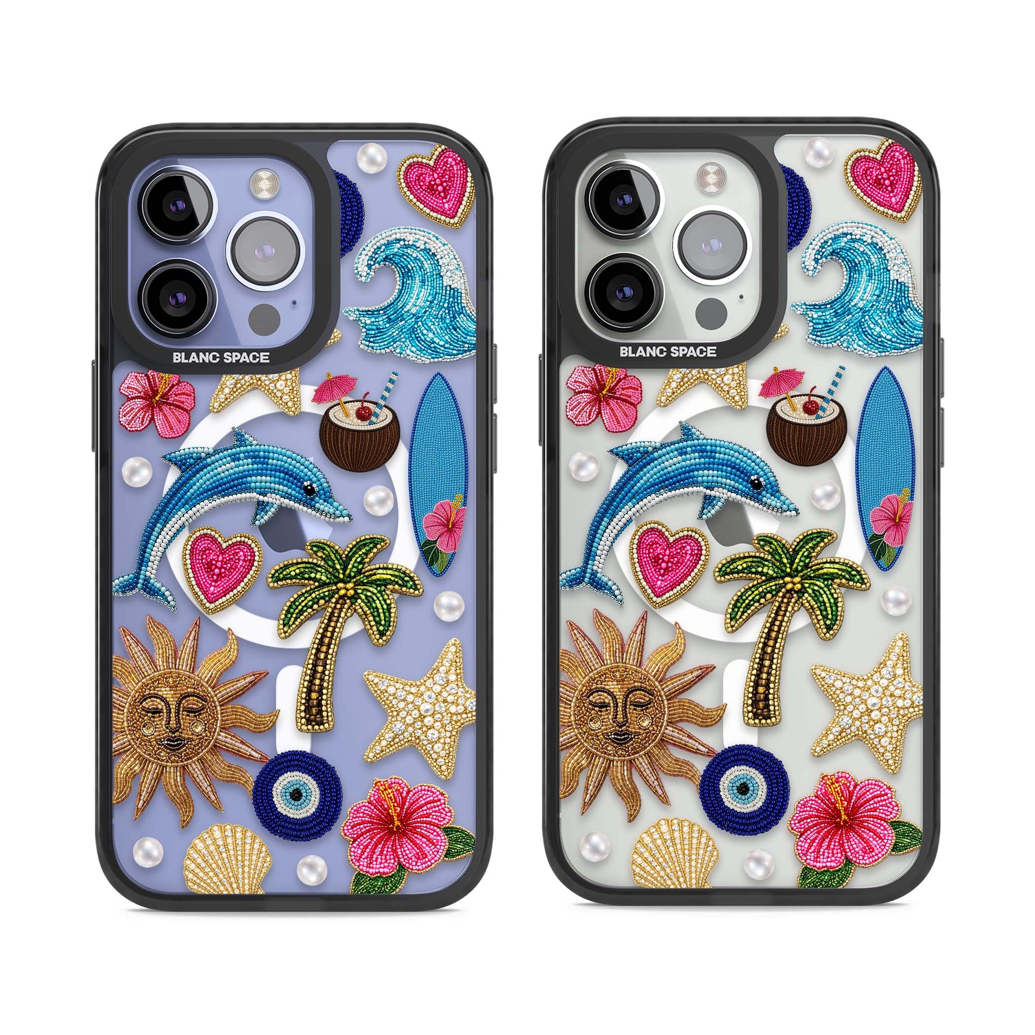 Beaded Beach coastal summer iPhone case featuring embroidered evil eye, hibiscus flowers, dolphin and palm tree patches | Black Impact Magsafe case for iPhone 13 Pro, iPhone 14 Pro, iPhone 15 Pro