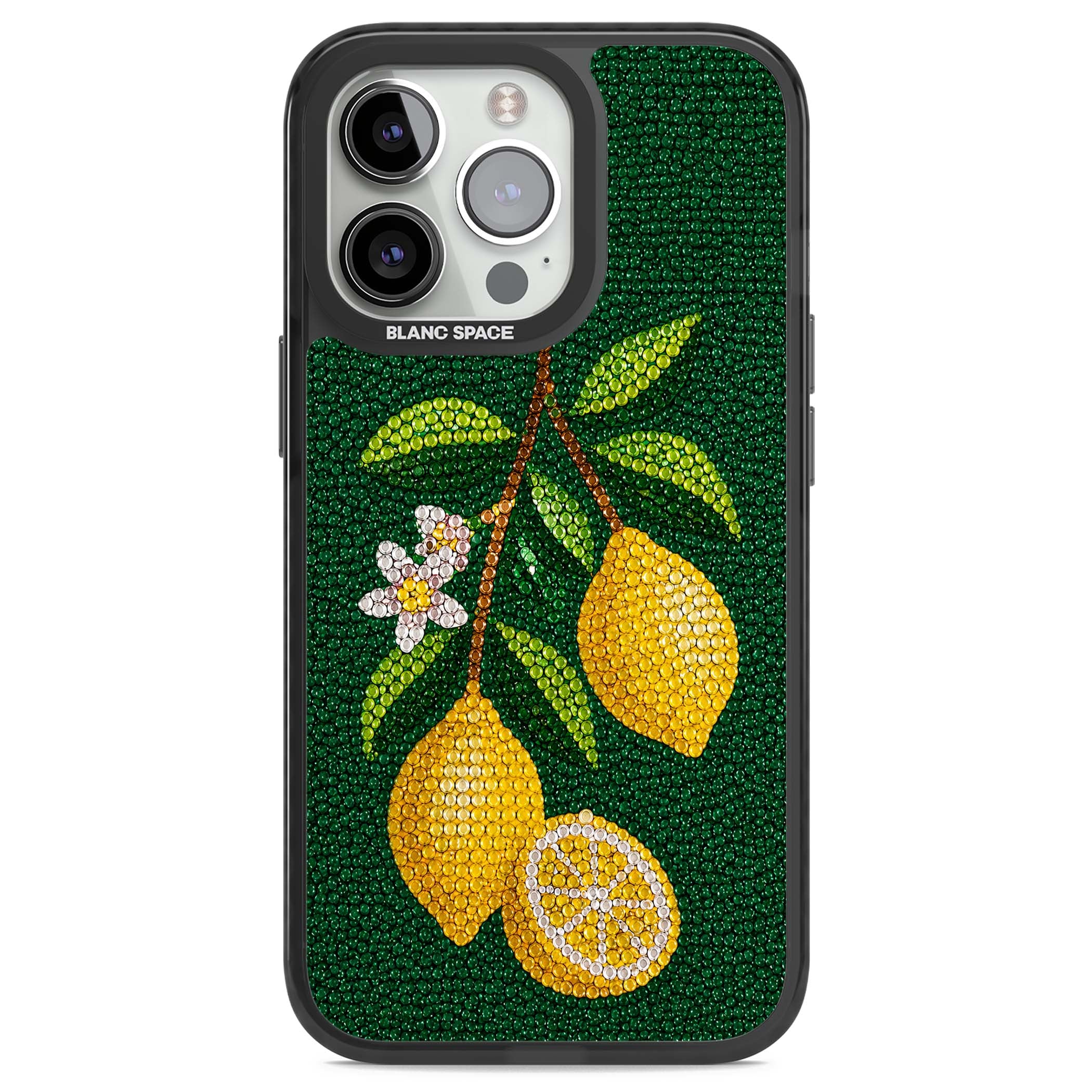 Beaded Lemons coastal iPhone case featuring crystal-beaded lemons, citrus blossom and green leaves on emerald ground | Black Impact Magsafe case for iPhone 13 Pro, iPhone 14 Pro, iPhone 15 Pro