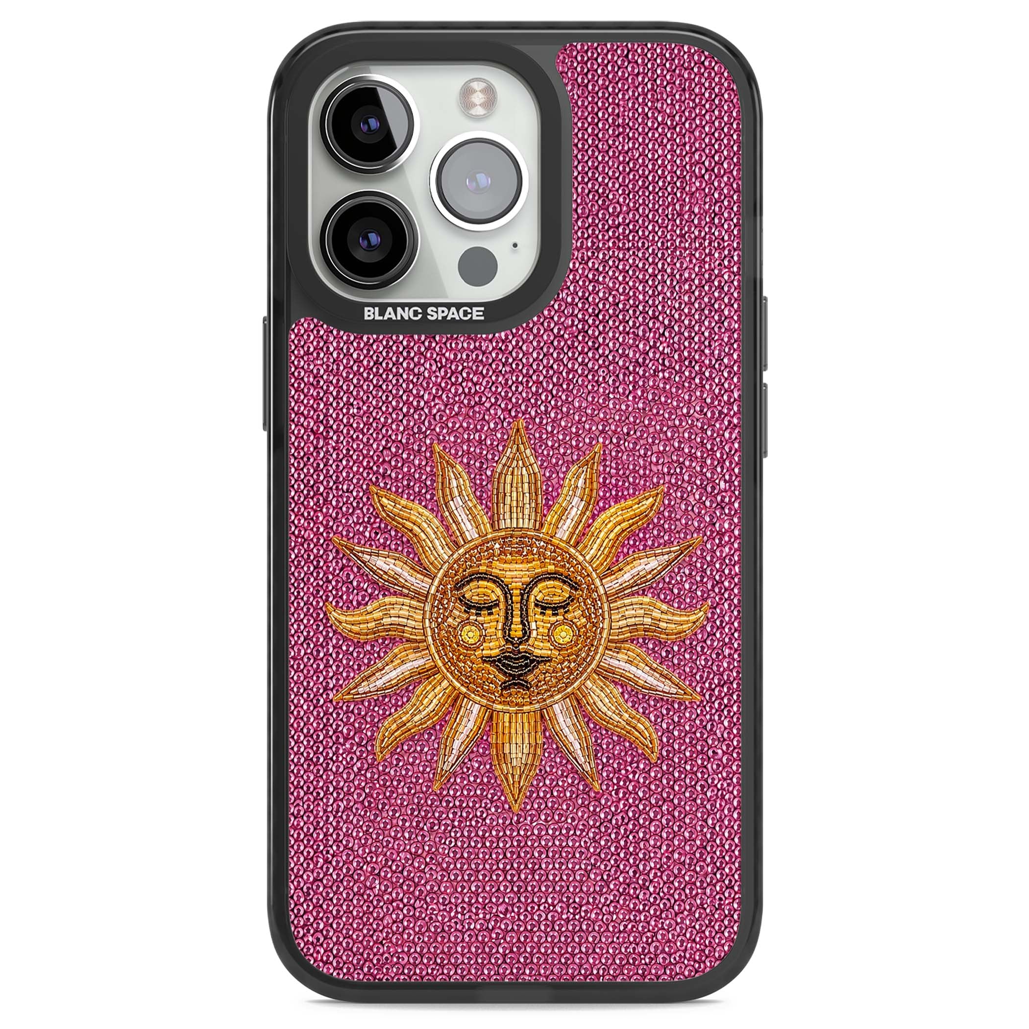 Beaded Sun celestial iPhone case featuring a golden beaded sun face with radiant rays on hot pink beaded background | Black Impact Magsafe case for iPhone 13 Pro, iPhone 14 Pro, iPhone 15 Pro