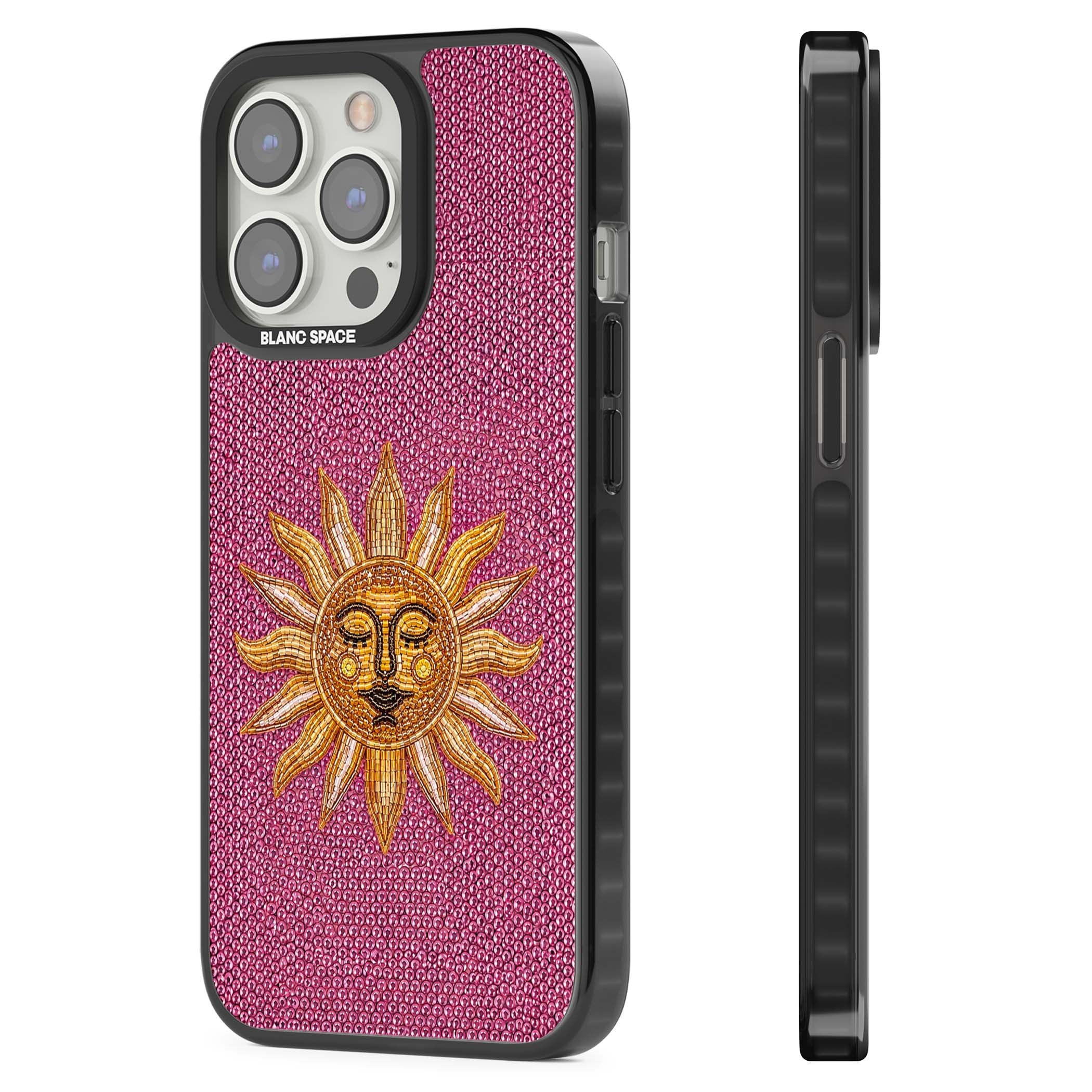 Beaded Sun celestial iPhone case featuring a golden beaded sun face with radiant rays on hot pink beaded background | Black Impact Magsafe case for iPhone 13 Pro, iPhone 14 Pro, iPhone 15 Pro