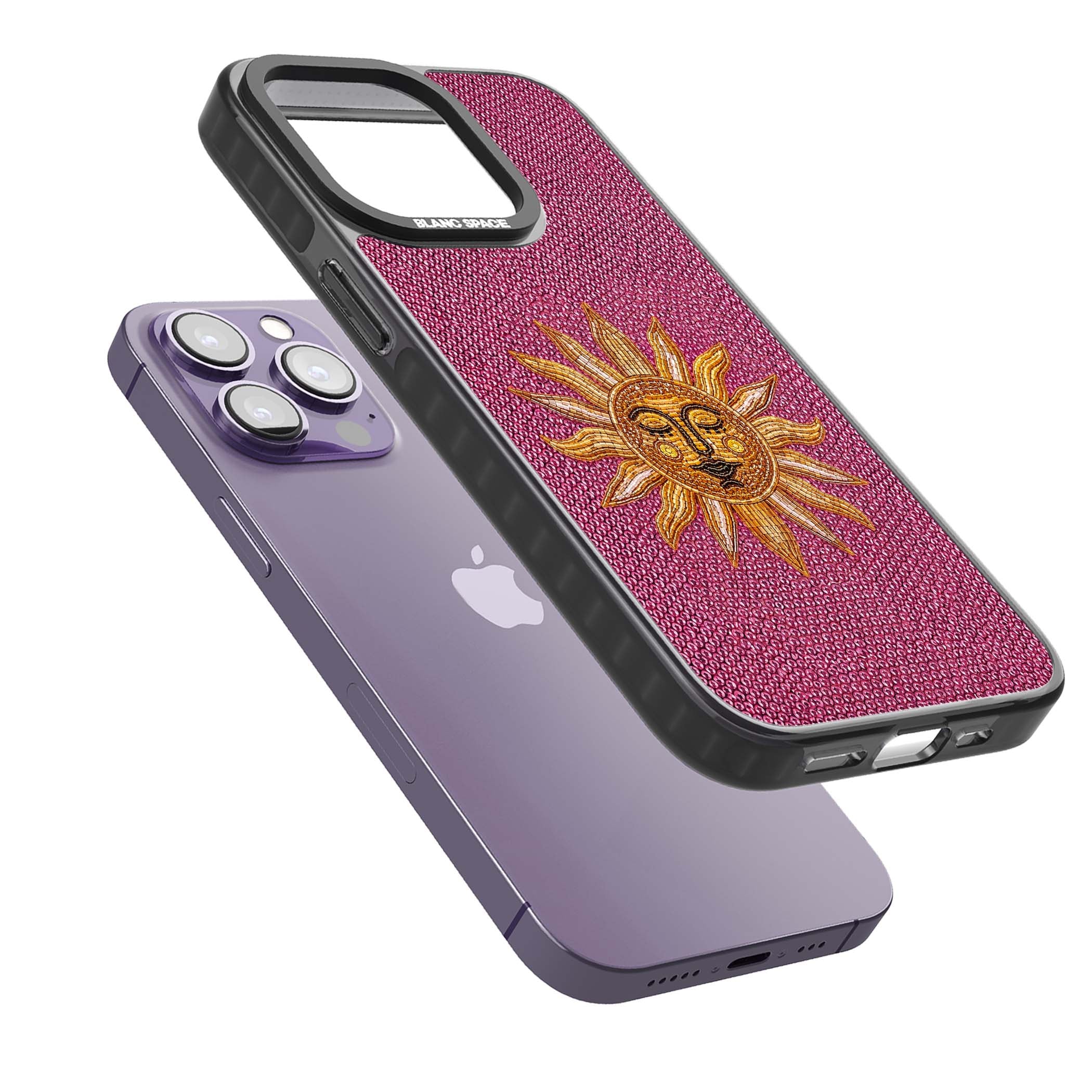 Beaded Sun celestial iPhone case featuring a golden beaded sun face with radiant rays on hot pink beaded background | Black Impact Magsafe case for iPhone 13 Pro, iPhone 14 Pro, iPhone 15 Pro