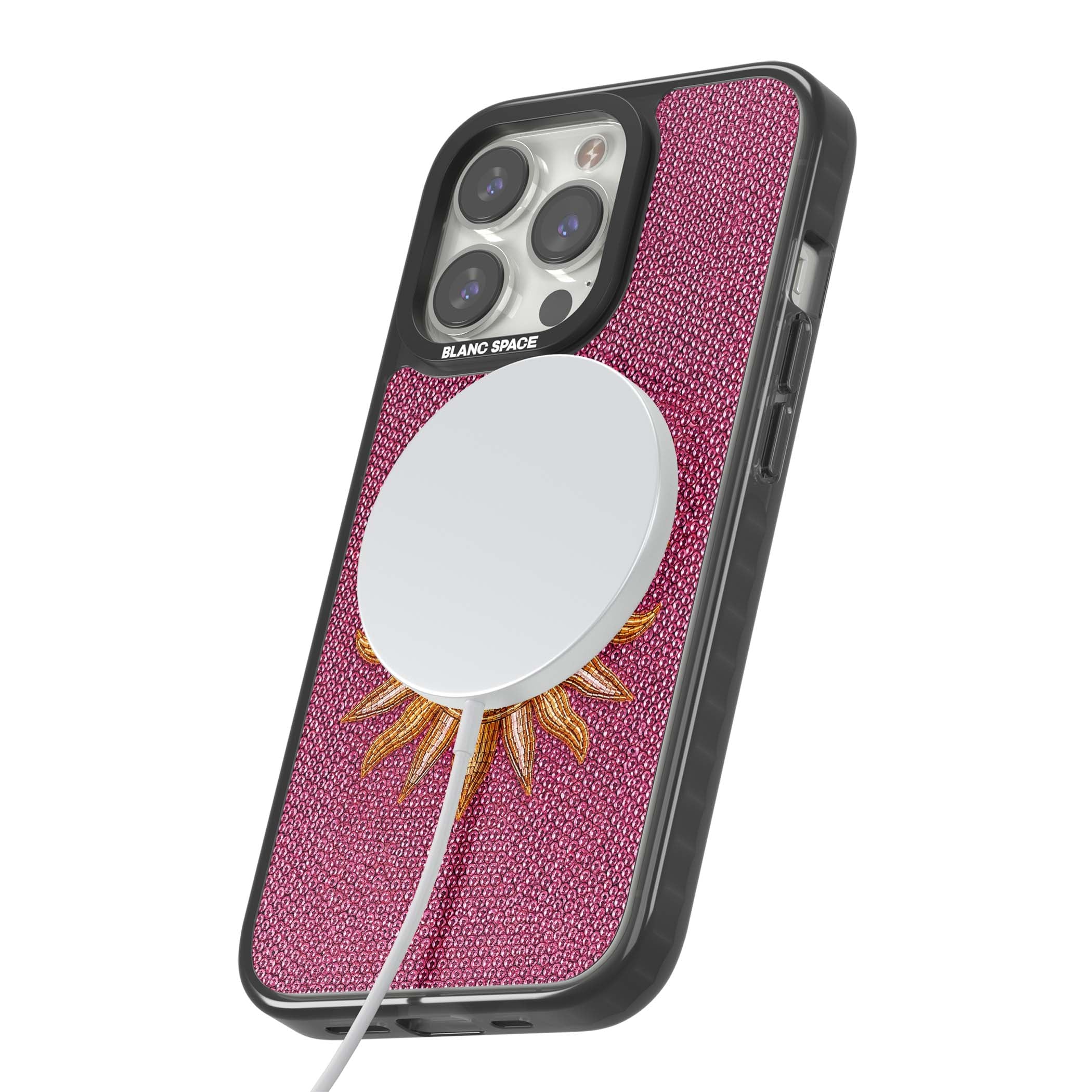Beaded Sun celestial iPhone case featuring a golden beaded sun face with radiant rays on hot pink beaded background | Black Impact Magsafe case for iPhone 13 Pro, iPhone 14 Pro, iPhone 15 Pro