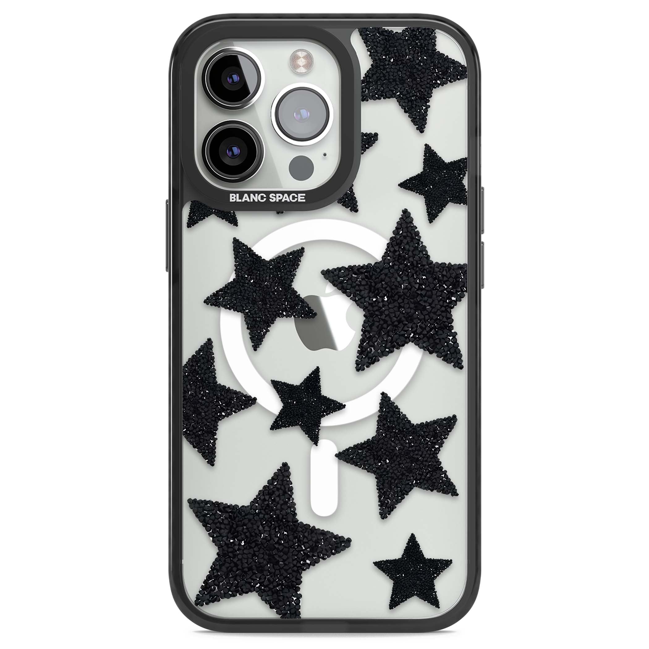 Beaded Black Stars celestial iPhone case featuring black glitter beaded stars scattered on a clear background | Black Impact Magsafe case for iPhone 13 Pro, iPhone 14 Pro, iPhone 15 Pro