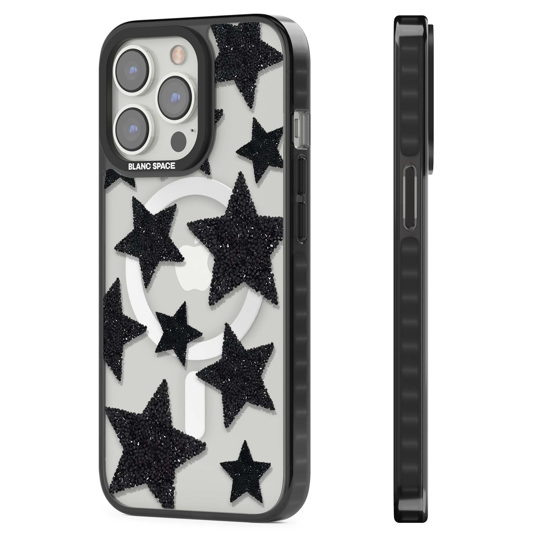 Beaded Black Stars celestial iPhone case featuring black glitter beaded stars scattered on a clear background | Black Impact Magsafe case for iPhone 13 Pro, iPhone 14 Pro, iPhone 15 Pro