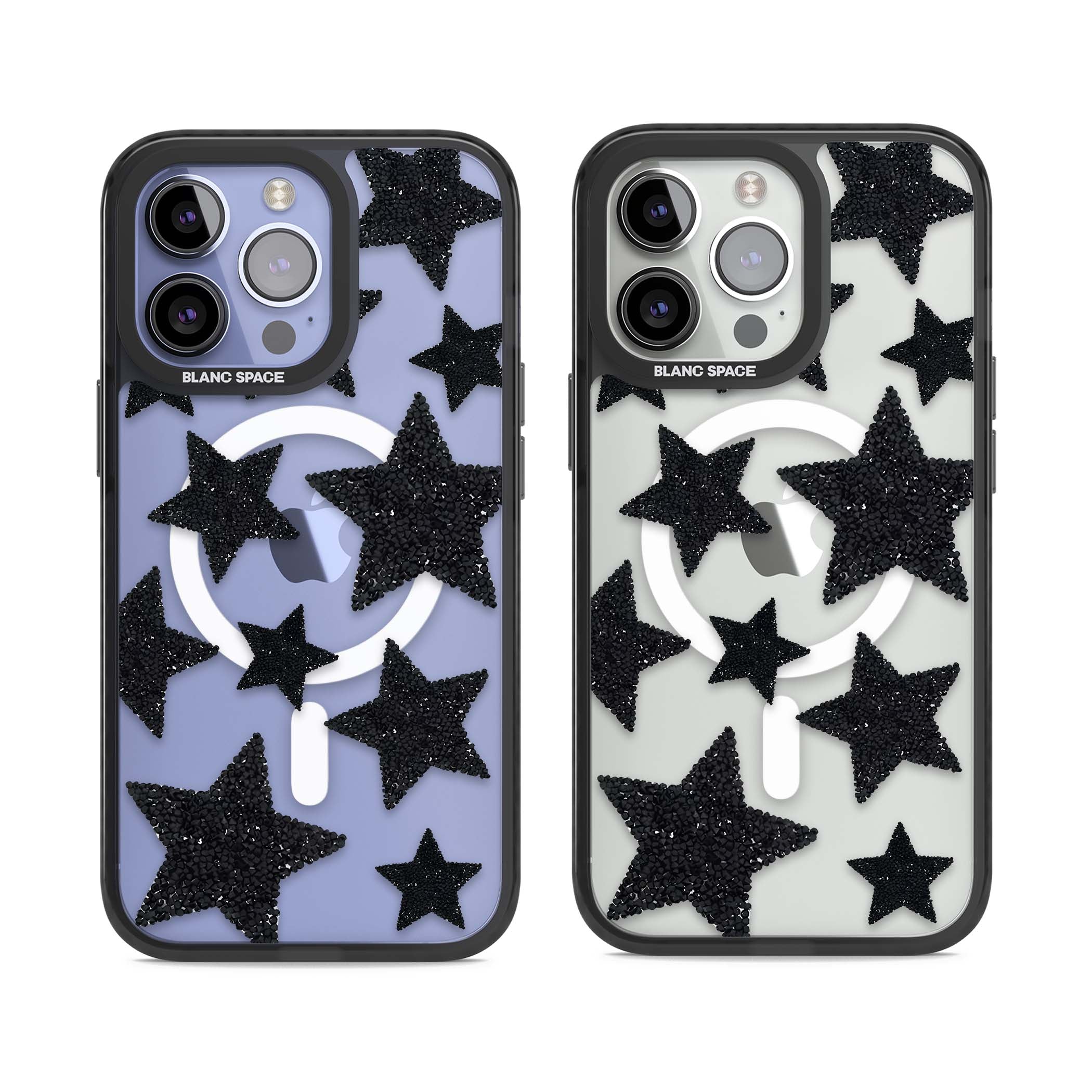 Beaded Black Stars celestial iPhone case featuring black glitter beaded stars scattered on a clear background | Black Impact Magsafe case for iPhone 13 Pro, iPhone 14 Pro, iPhone 15 Pro