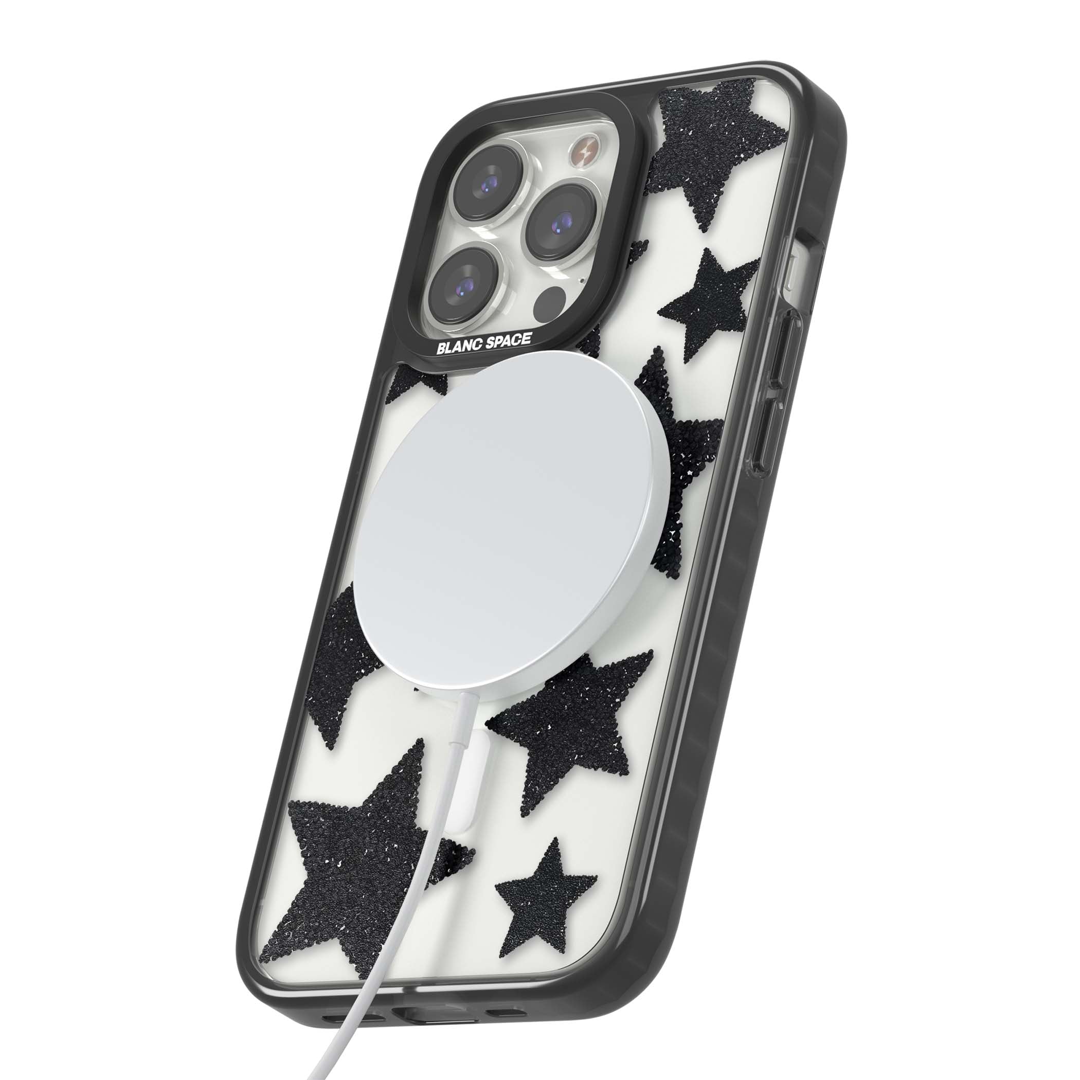 Beaded Black Stars celestial iPhone case featuring black glitter beaded stars scattered on a clear background | Black Impact Magsafe case for iPhone 13 Pro, iPhone 14 Pro, iPhone 15 Pro