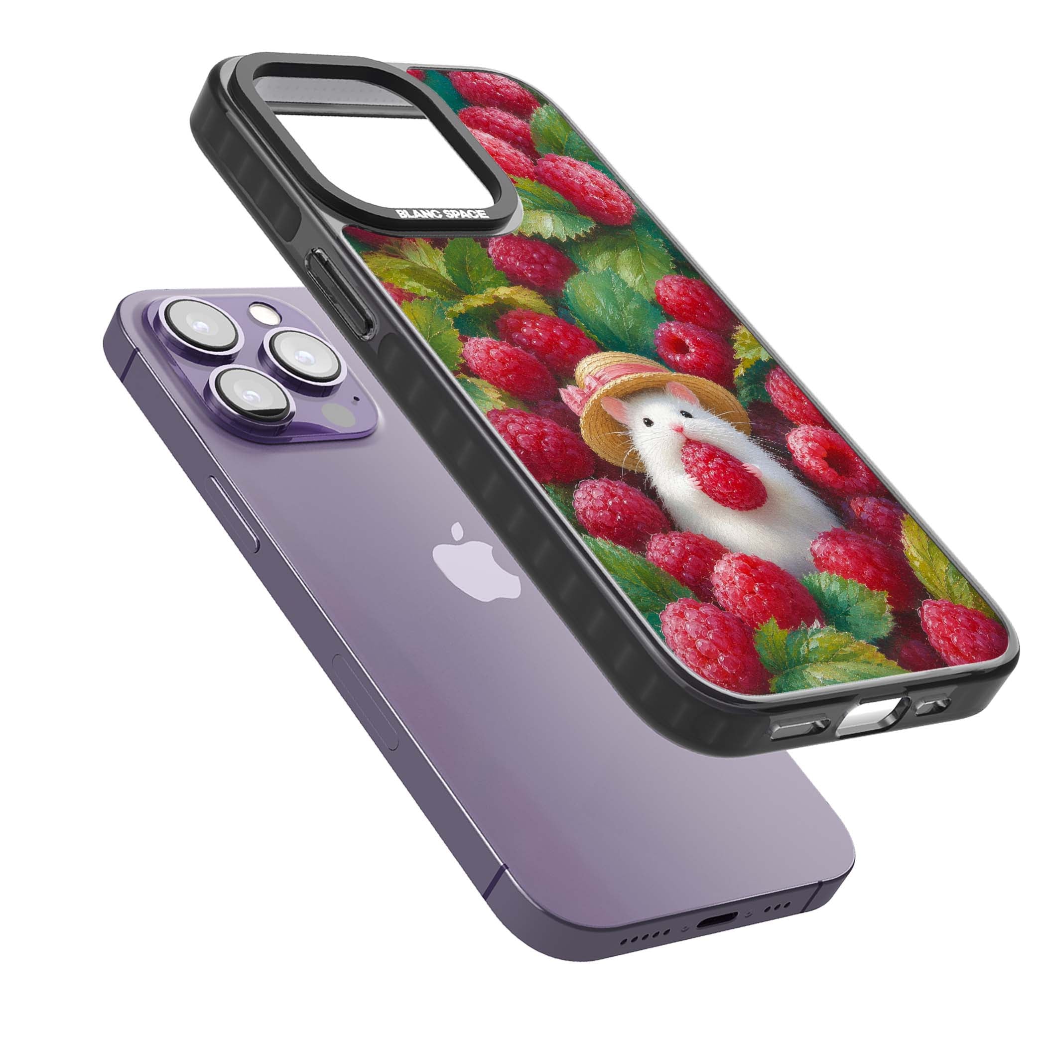 Berry Forager cottagecore iPhone case featuring a white hamster in a straw hat holding a raspberry surrounded by ripe ber | Black Impact Magsafe case for iPhone 13 Pro, iPhone 14 Pro, iPhone 15 Pro