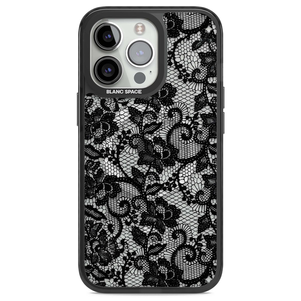 Black Lace gothic iPhone case featuring intricate black floral lace pattern with vintage whimsigoth detail | Black Impact Magsafe case for iPhone 13 Pro, iPhone 14 Pro, iPhone 15 Pro