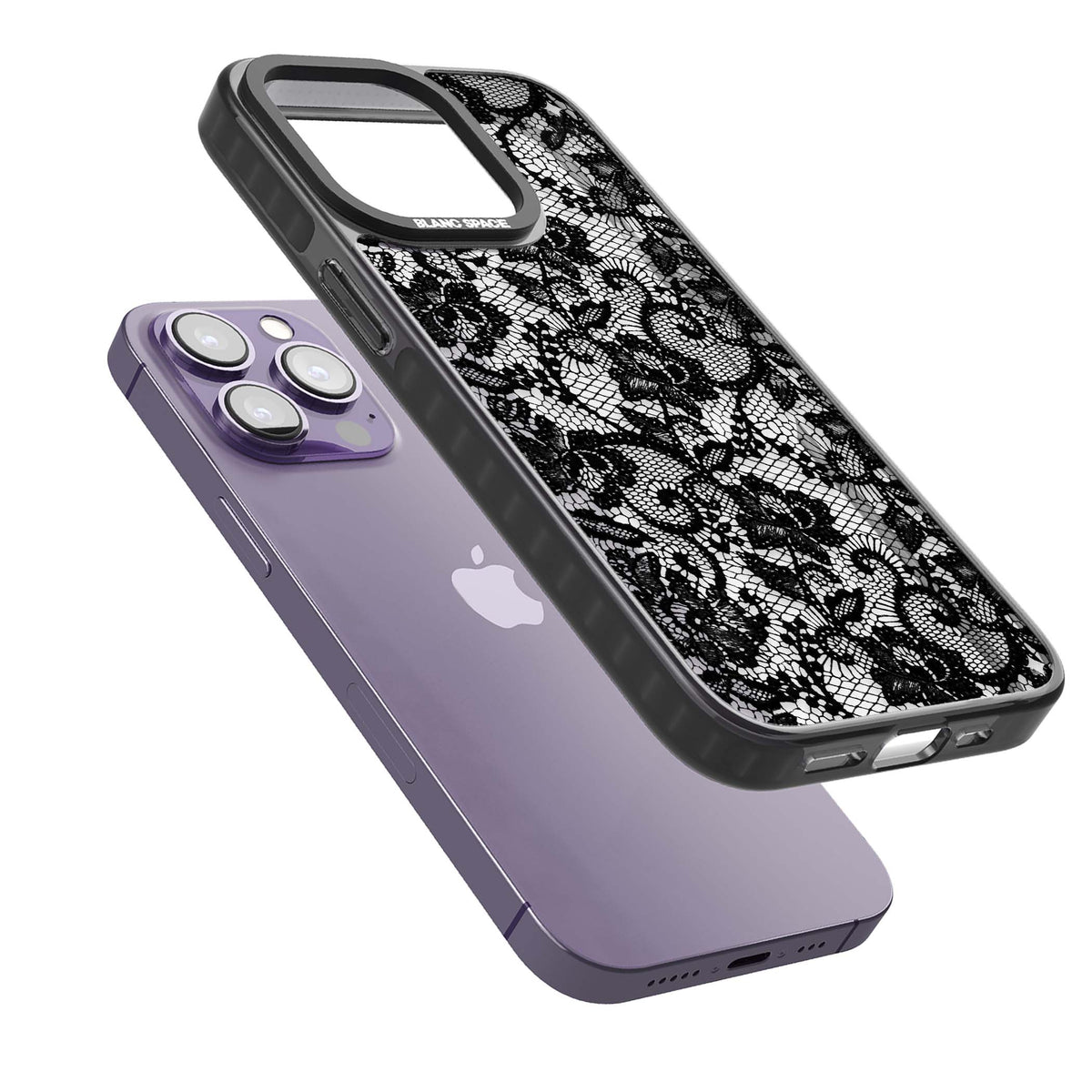 Black Lace gothic iPhone case featuring intricate black floral lace pattern with vintage whimsigoth detail | Black Impact Magsafe case for iPhone 13 Pro, iPhone 14 Pro, iPhone 15 Pro