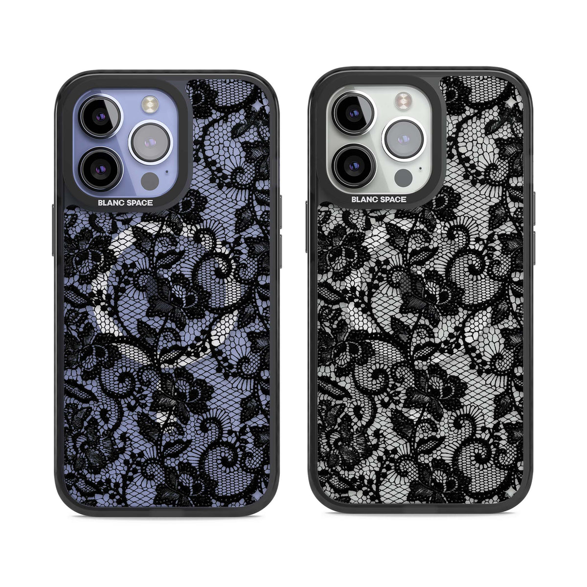Black Lace gothic iPhone case featuring intricate black floral lace pattern with vintage whimsigoth detail | Black Impact Magsafe case for iPhone 13 Pro, iPhone 14 Pro, iPhone 15 Pro