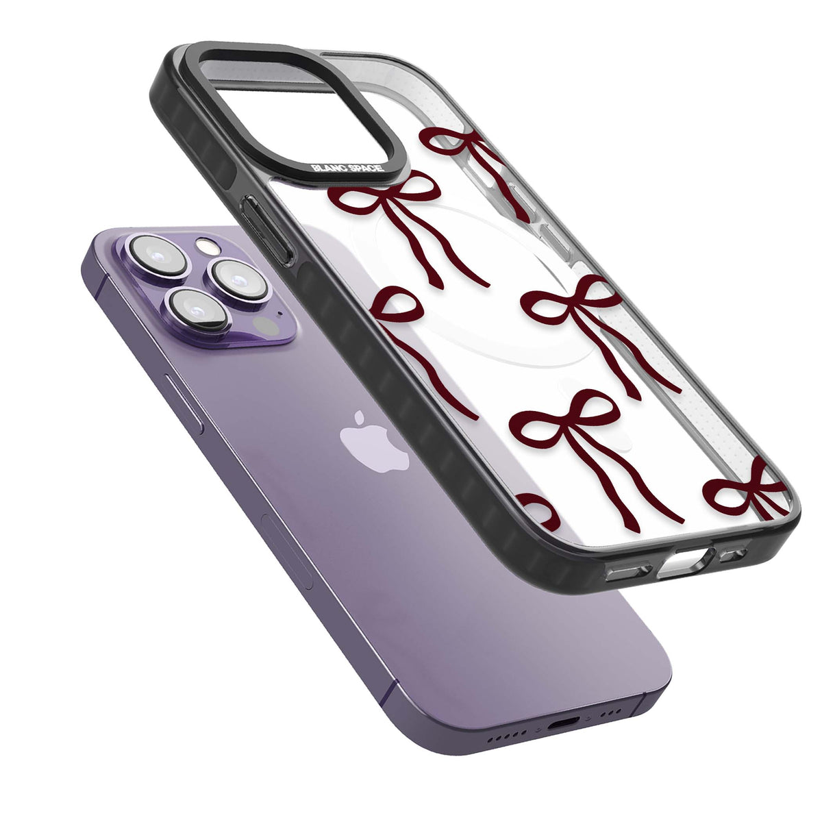 Burgundy Bows coquette iPhone case featuring hand-drawn burgundy red bows on a clear background | Black Impact Magsafe case for iPhone 13 Pro, iPhone 14 Pro, iPhone 15 Pro