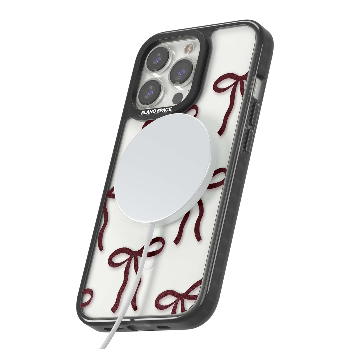 Burgundy Bows coquette iPhone case featuring hand-drawn burgundy red bows on a clear background | Black Impact Magsafe case for iPhone 13 Pro, iPhone 14 Pro, iPhone 15 Pro