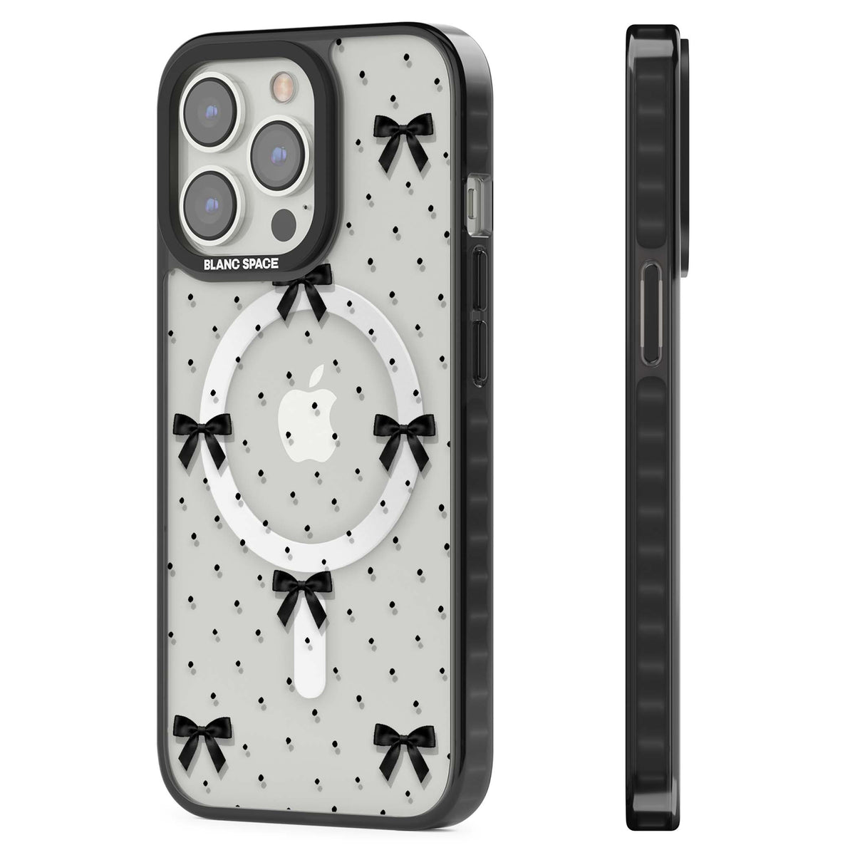 Black Polka Bows coquette iPhone case featuring scattered black satin bows and tiny polka dots on a clear base | Black Impact Magsafe case for iPhone 13 Pro, iPhone 14 Pro, iPhone 15 Pro