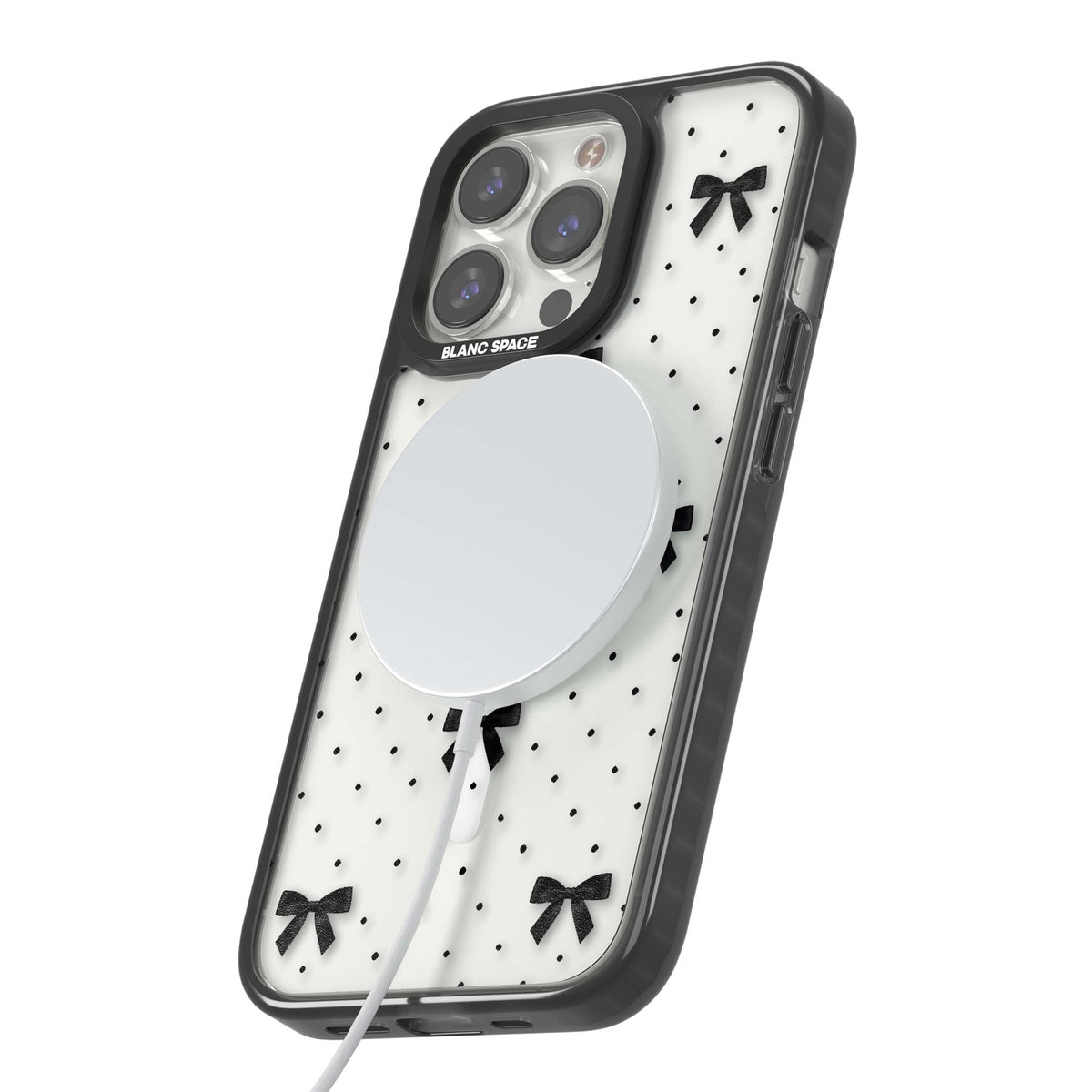Black Polka Bows coquette iPhone case featuring scattered black satin bows and tiny polka dots on a clear base | Black Impact Magsafe case for iPhone 13 Pro, iPhone 14 Pro, iPhone 15 Pro
