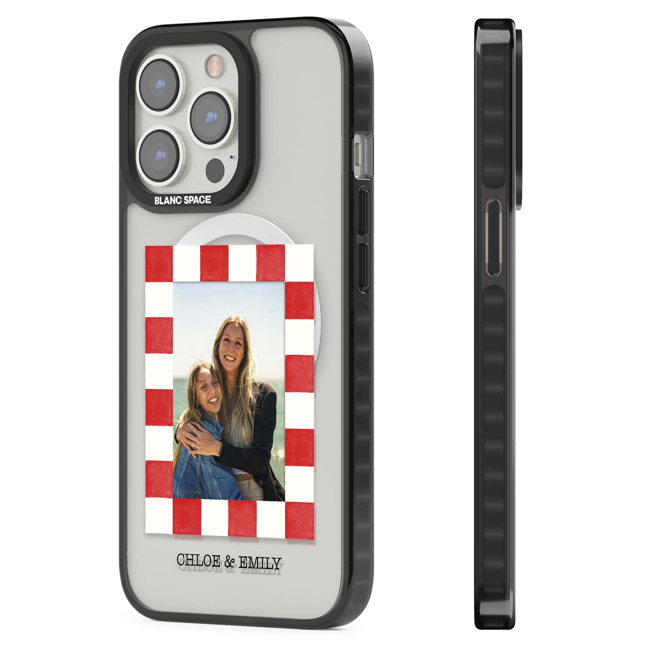 Red Check Photo personalised photo iPhone case with red and white checkered polaroid frame and custom couple name | Black Impact Magsafe case for iPhone 13 Pro, iPhone 14 Pro, iPhone 15 Pro