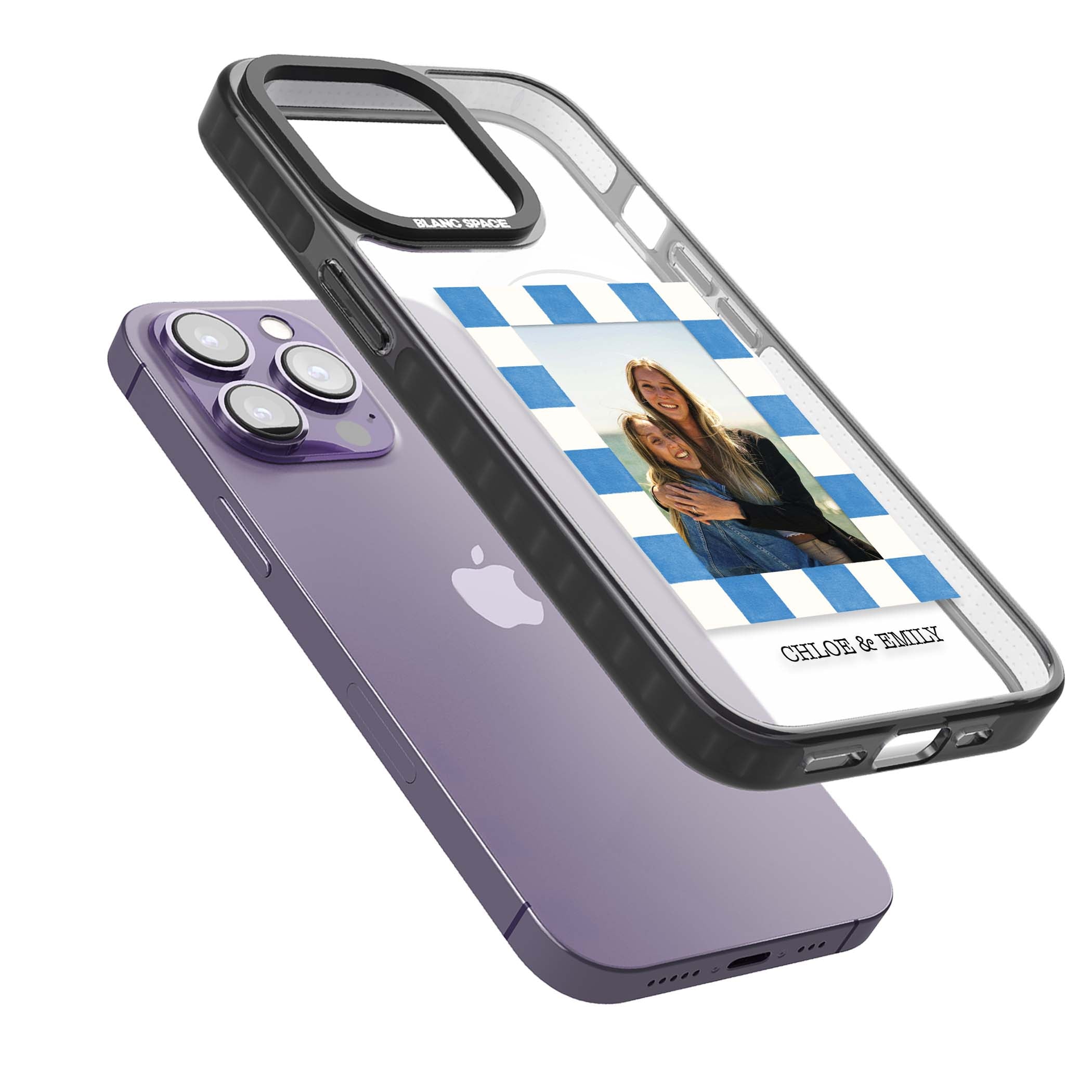 Blue Check Photo personalised photo iPhone case with blue checkered frame and custom couple names | Black Impact Magsafe case for iPhone 13 Pro, iPhone 14 Pro, iPhone 15 Pro