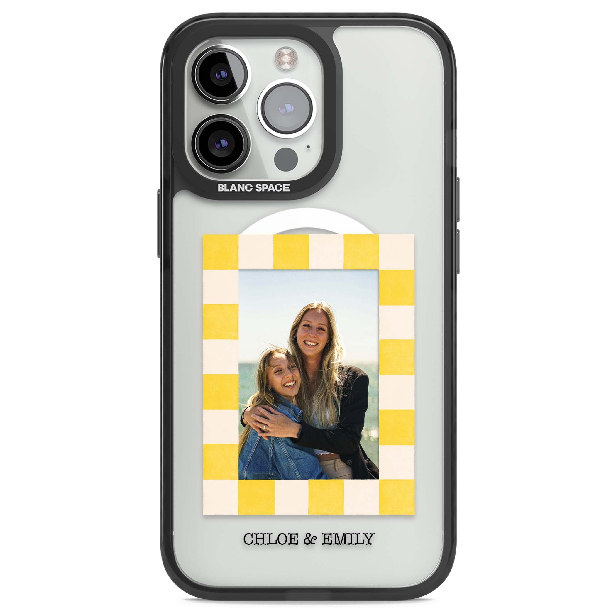 Yellow Check Photo personalised iPhone case with yellow checkered Polaroid frame and custom names beneath | Black Impact Magsafe case for iPhone 13 Pro, iPhone 14 Pro, iPhone 15 Pro