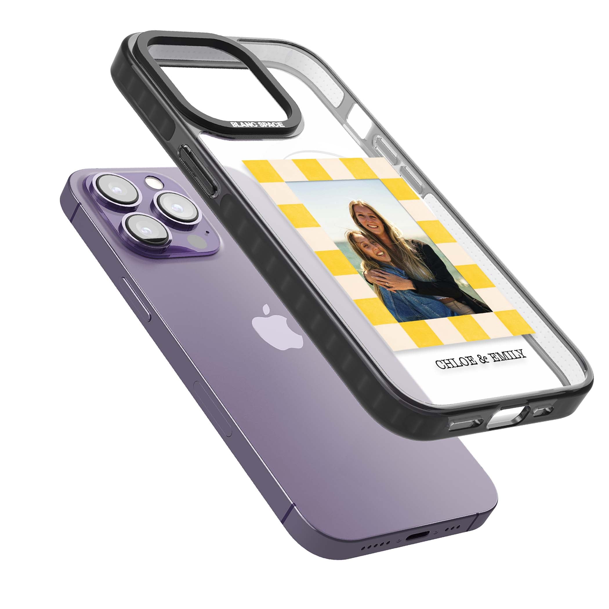 Yellow Check Photo personalised iPhone case with yellow checkered Polaroid frame and custom names beneath | Black Impact Magsafe case for iPhone 13 Pro, iPhone 14 Pro, iPhone 15 Pro